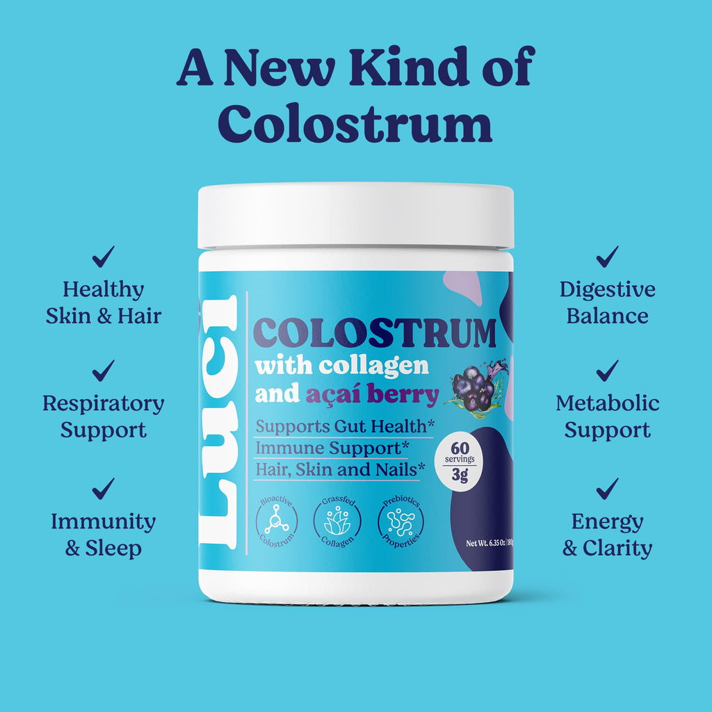 Luci Colostrum Powder 60 Servings, 3 in 1 with Collagen Peptides and Acai, Bovine Colostrum for Gut Health, Bloating, Collagen Protein for Muscle, Skin, Hair, Nails and Immunity, Gluten & Fat Free - TrustMedUSA