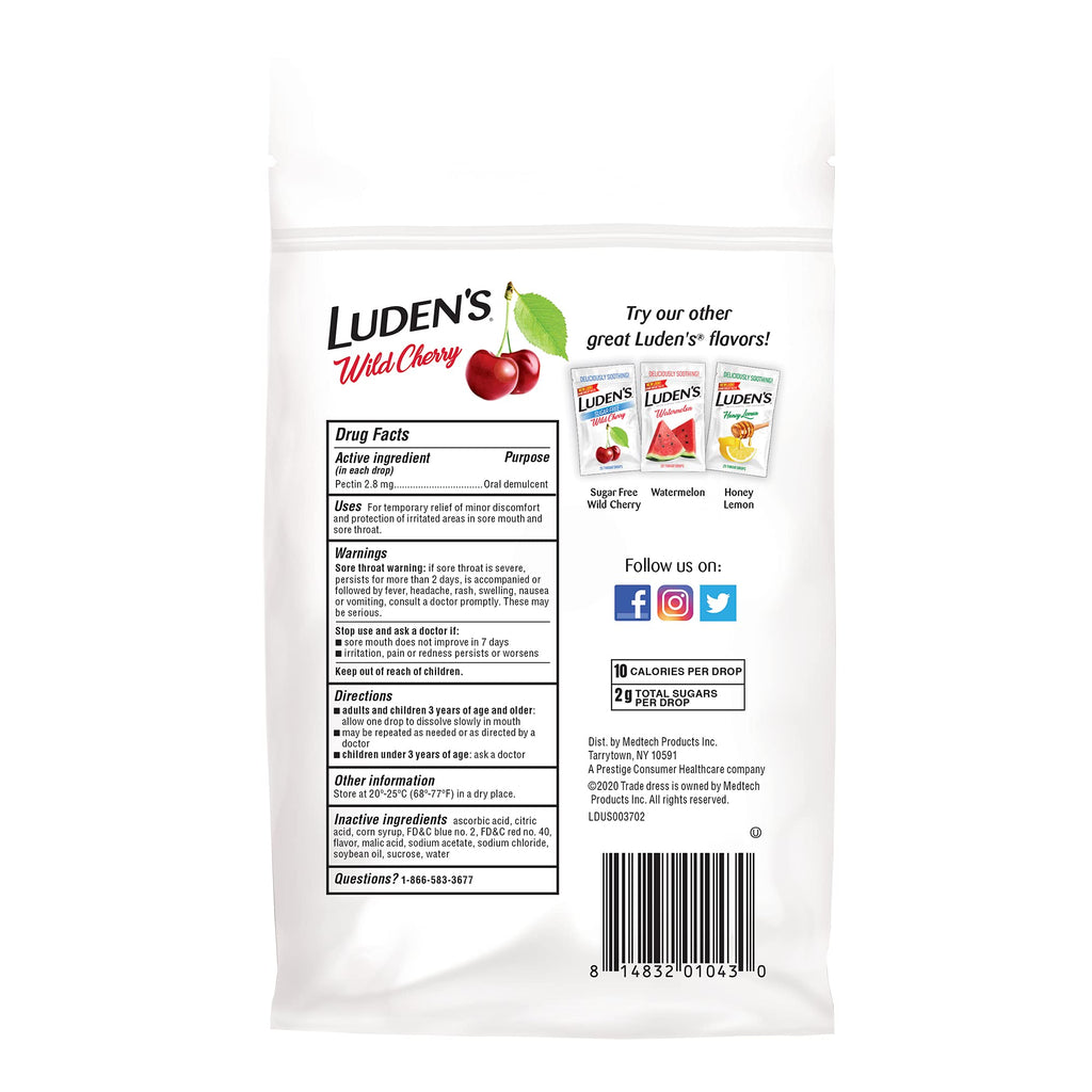 Luden's Sore Throat Relief Lozenges for Minor Everyday Irritation & Dry Mouth, Wild Cherry Flavored Drops, 30 Count - Maple Wellness Supplements