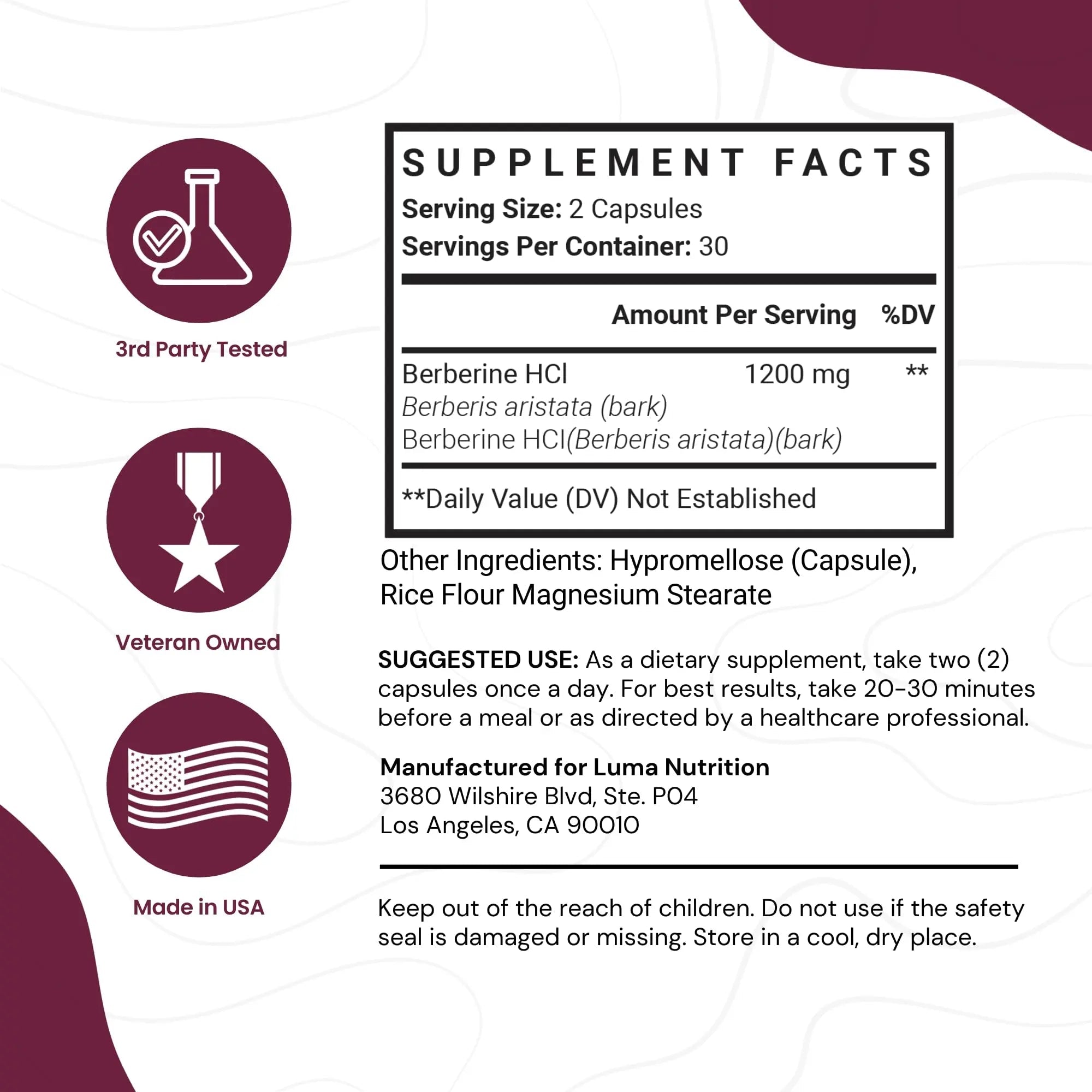 Luma Nutrition Berberine Supplement - Berberine 1200mg Per Serving - Berberine HCI - TrustMedUSA