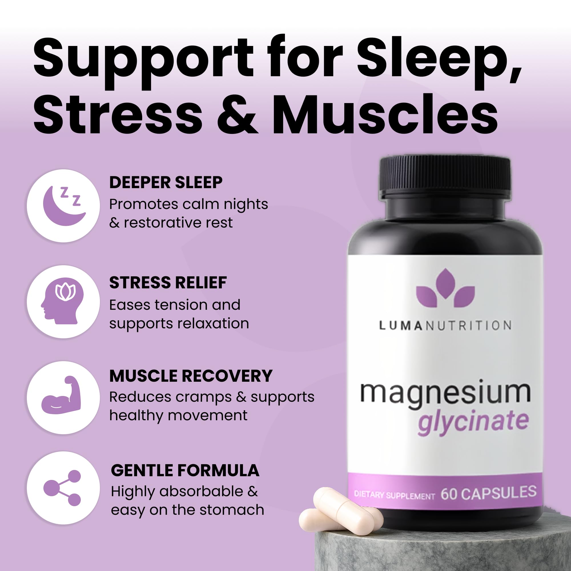 Luma Nutrition Magnesium Glycinate 1000mg - Support Stress, Sleep, Nerve & Muscle Health - 500mg Pure Magnesium Supplement Capsules - TrustMedUSA
