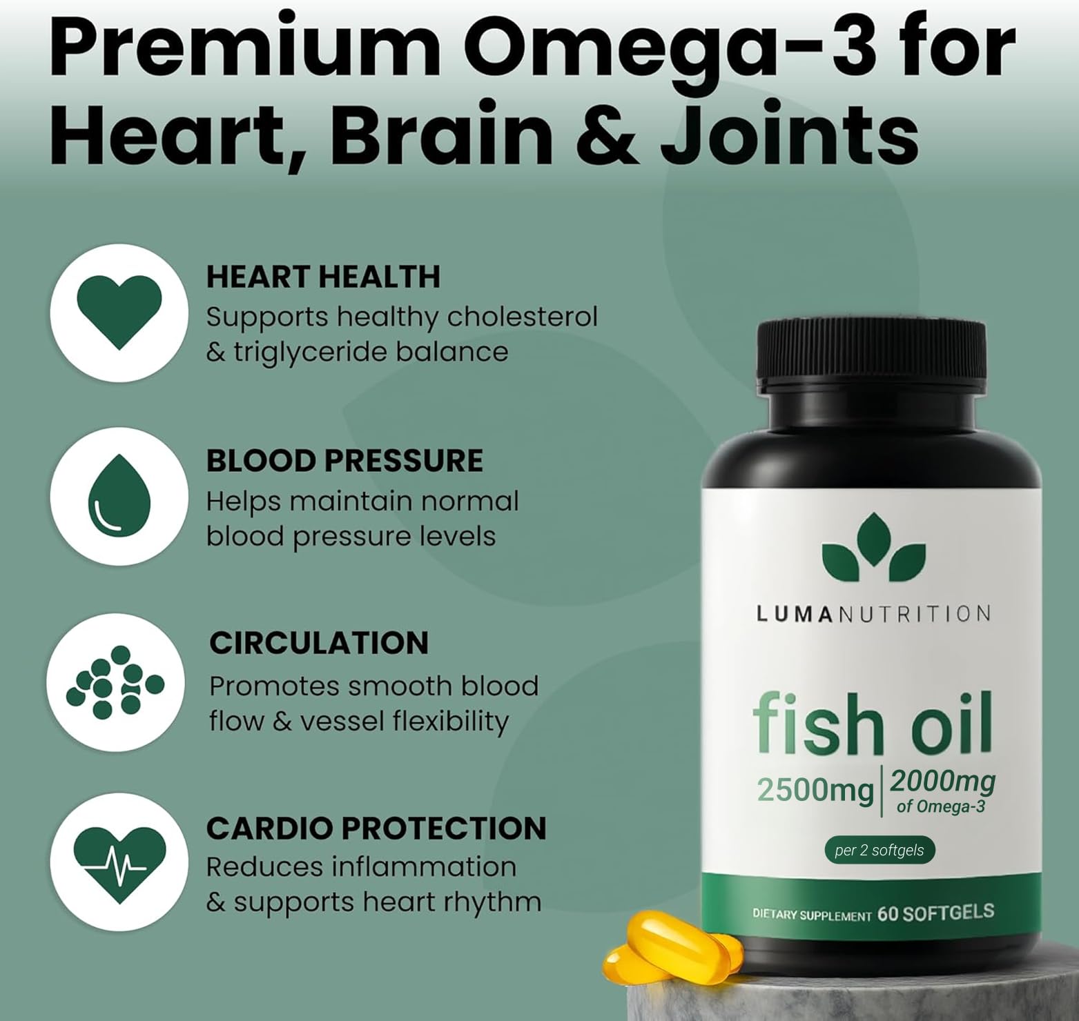 Luma Nutrition Omega 3 Fish Oil Supplement - Extra Strength 2500mg Per Serving - 2000mg EPA & DHA Per Serving - Brain and Heart Health - 60 Softgels, 30 Servings - TrustMedUSA