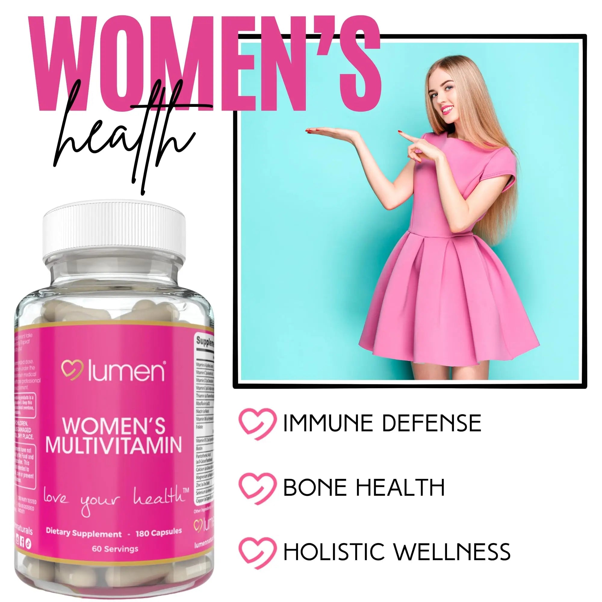 Lumen Naturals Women's Multivitamin Vitamin B12, A, C, D, & E - 180 Count - 60 Servings - Veggie Capsules - TrustMedUSA