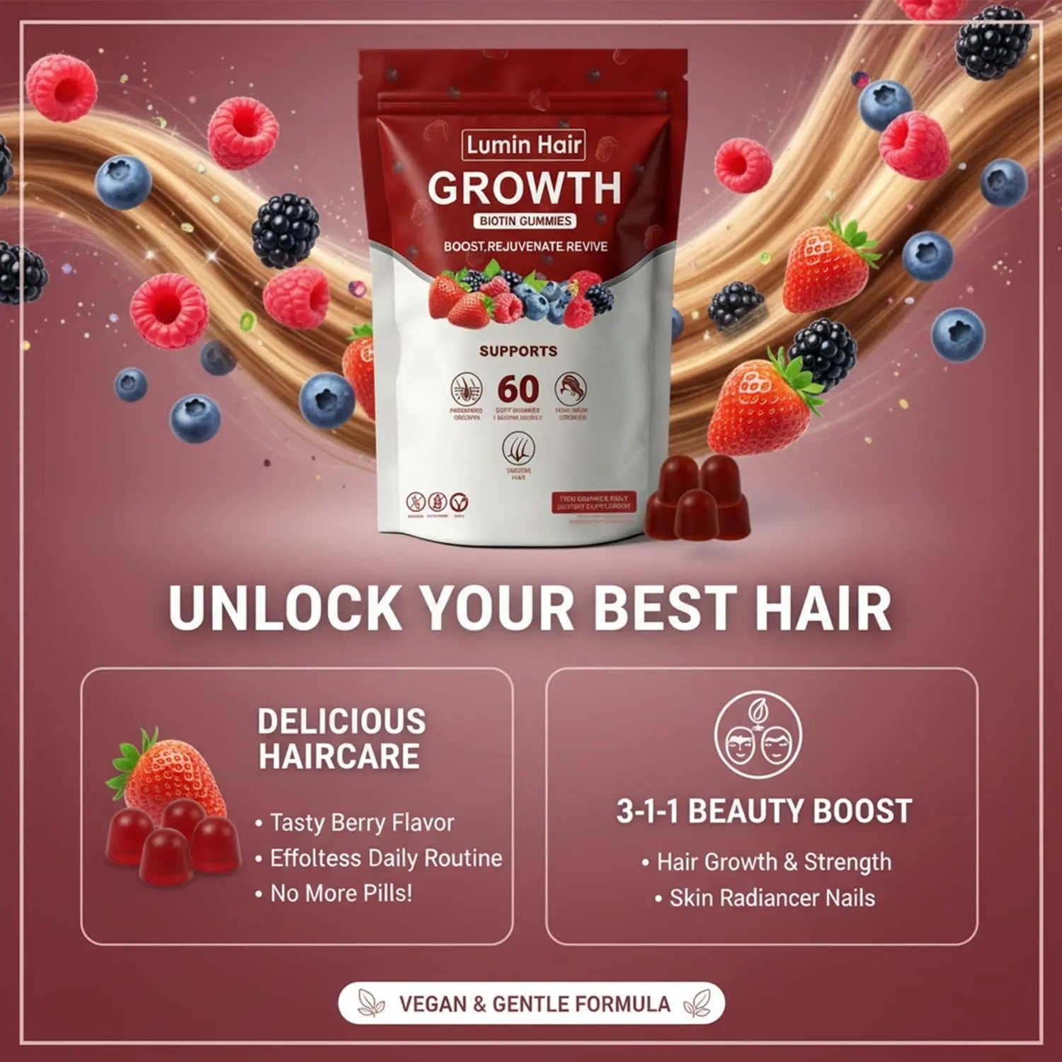 Lumin Hair Growth Gummies for Black Women, 60 Vegan Gummies, Daily Hair Nourishment with Biotin, Collagen & Botanical Extracts, Supports Healthy Hair Growth & Strength - TrustMedUSA