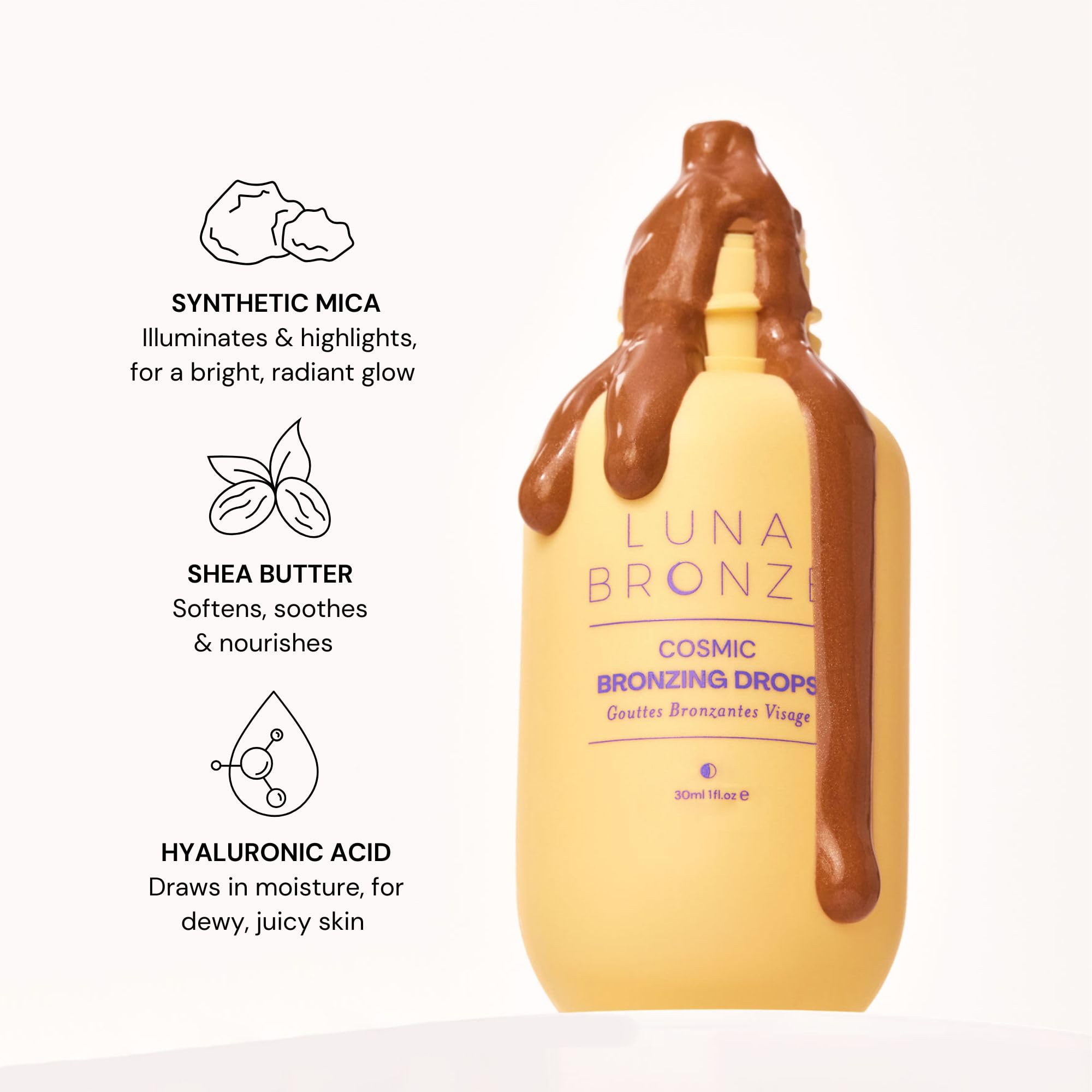 Luna Bronze Cosmic Bronzing Drops | Lightweight, Hydrating & Washable Liquid Bronze Drops | Non-Greasy Formula Enriched with Sodium Hyaluronate & Shea Butter | Responsible Mica (30ml/1.01 fl. oz) - TrustMedUSA