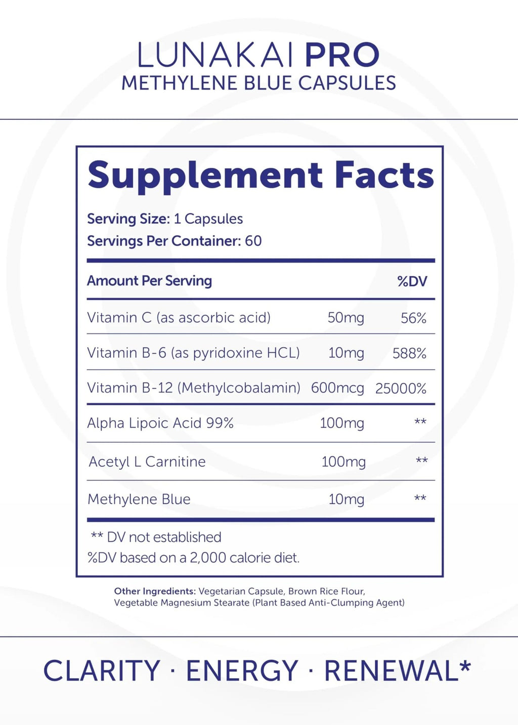 Lunakai PRO USA Made Methylene Blue Capsules Pharmaceutical Grade with Vitamin C, B6, B12 – 3rd-Party Tested Daily Brain & Focus Support Supplement for Humans, 60ct - TrustMedUSA