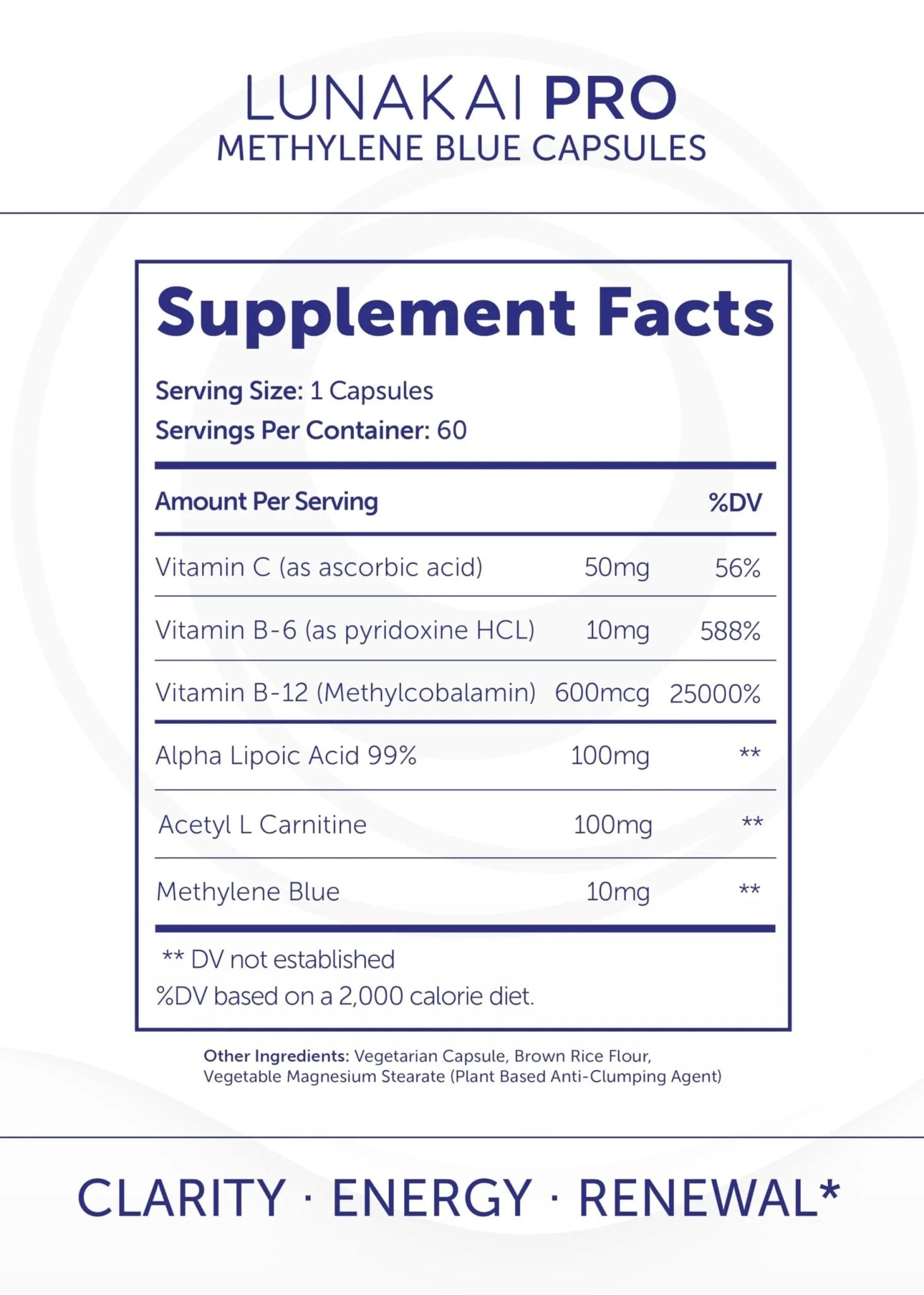 Lunakai PRO USA Made Methylene Blue Capsules Pharmaceutical Grade with Vitamin C, B6, B12 – 3rd-Party Tested Daily Brain & Focus Support Supplement for Humans, 60ct - TrustMedUSA