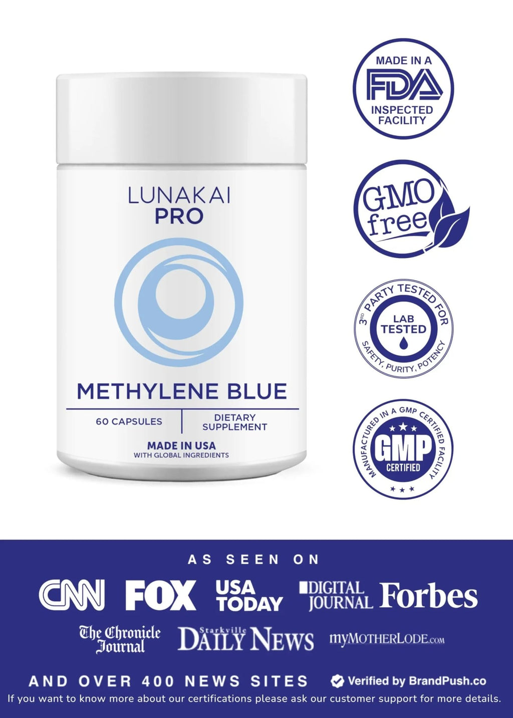Lunakai PRO USA Made Methylene Blue Capsules Pharmaceutical Grade with Vitamin C, B6, B12 – 3rd-Party Tested Daily Brain & Focus Support Supplement for Humans, 60ct - TrustMedUSA