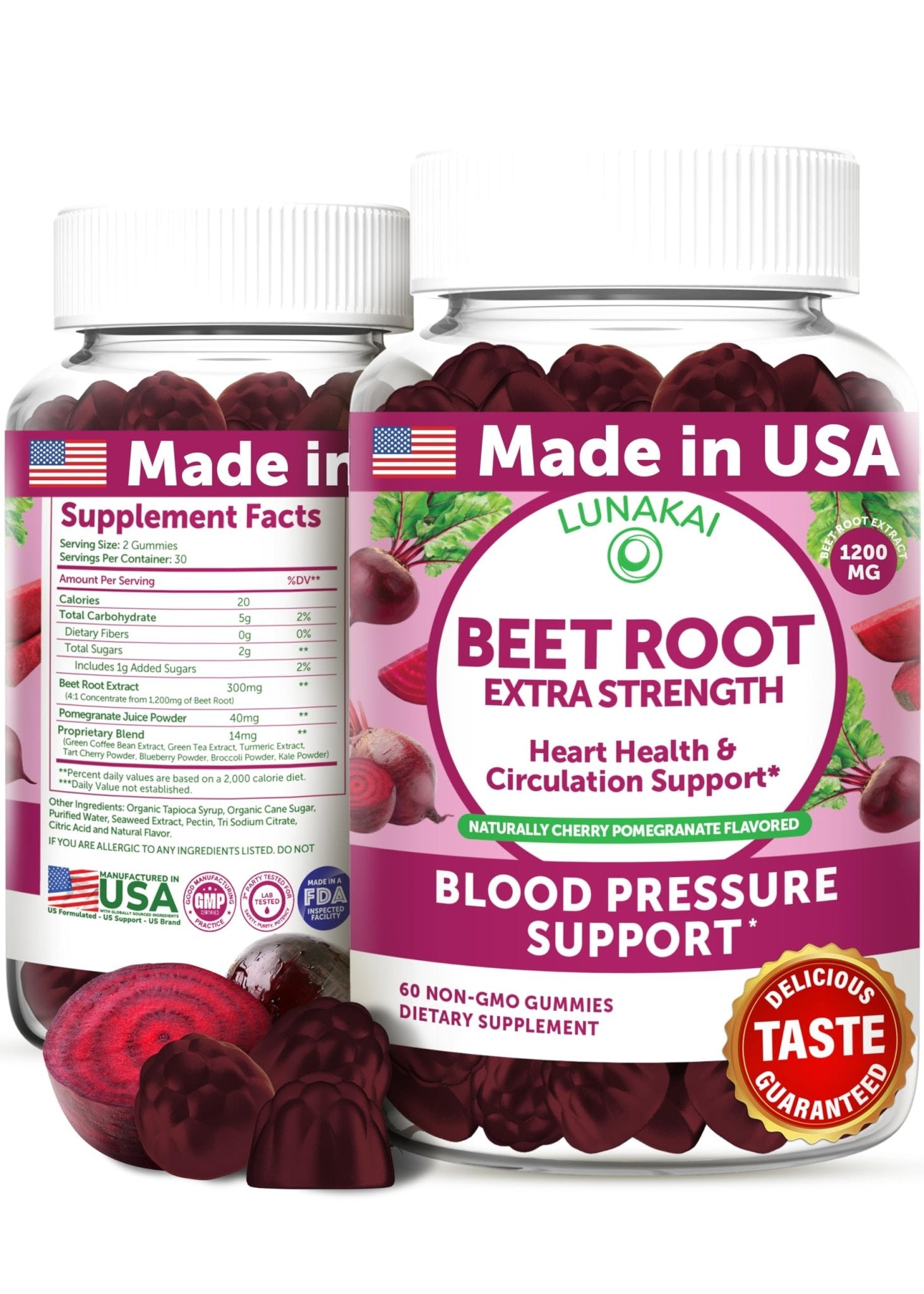 Lunakai USA Made Beet Root Gummies with Antioxidant Blend - Delicious Non-GMO Beet Chews, 60ct - TrustMedUSA