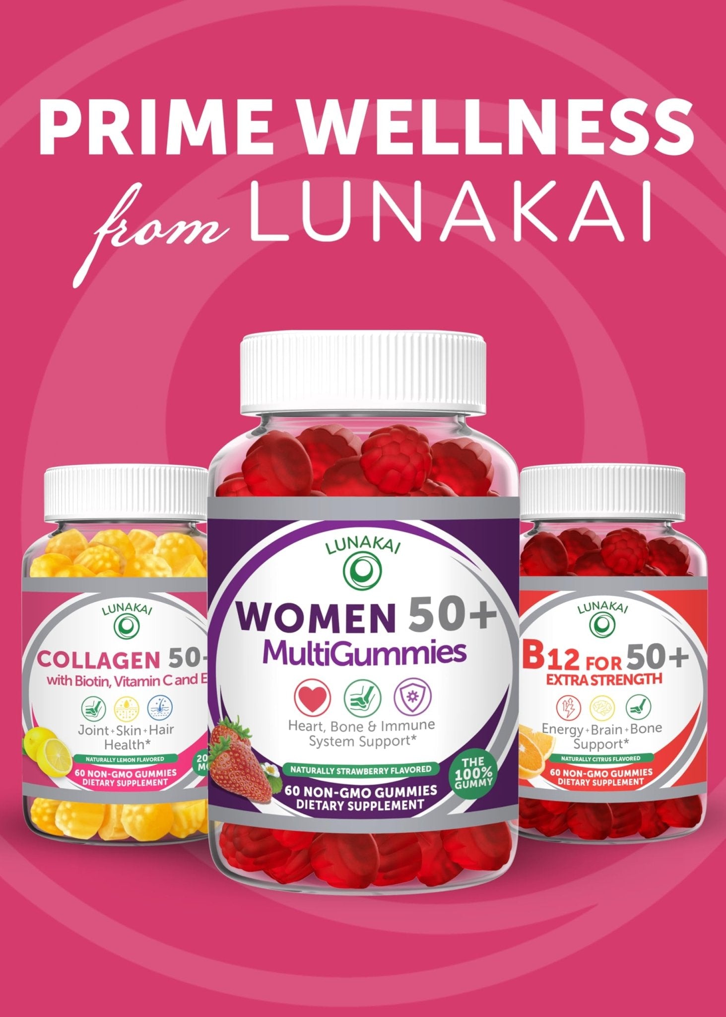 Lunakai USA Made Collagen Gummies for Women & Men Over 50, Biotin & Vitamin C, Supports Skin Elasticity, Hair & Nail Strength, Joint Support, 60ct - Maple Wellness Supplements