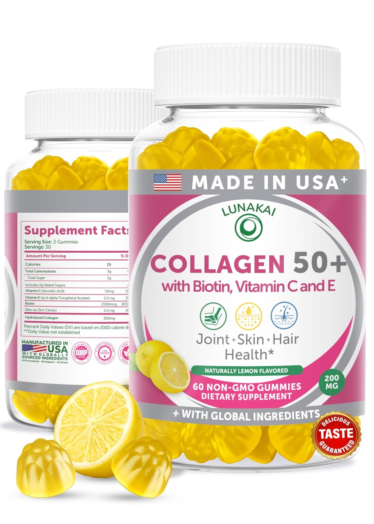 Lunakai USA Made Collagen Gummies for Women & Men Over 50, Biotin & Vitamin C, Supports Skin Elasticity, Hair & Nail Strength, Joint Support, 60ct - Maple Wellness Supplements