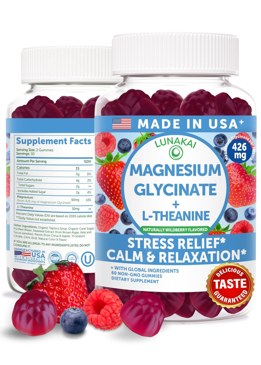 Lunakai USA Made Magnesium Glycinate Gummies 426mg with L-Theanine – Calm, Sleep, Stress Relief for Adults & Kids, Non-GMO, Vegan, 60ct - TrustMedUSA