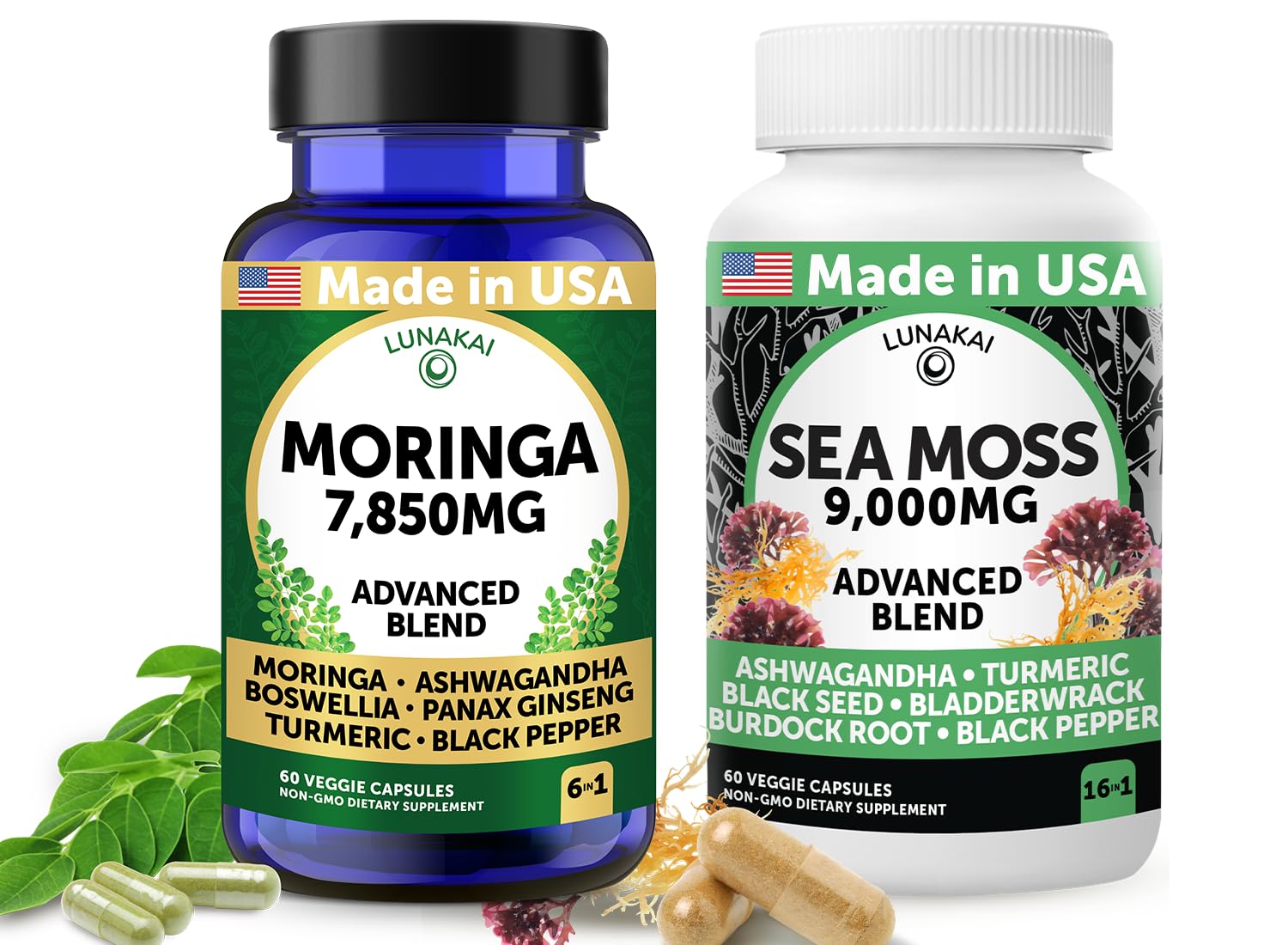 Lunakai USA Made Moringa & Sea Moss Capsules Bundle – 6-in-1 & 16-in-1 Advanced Blends – 60 Non-GMO Veggie Capsules Each - TrustMedUSA