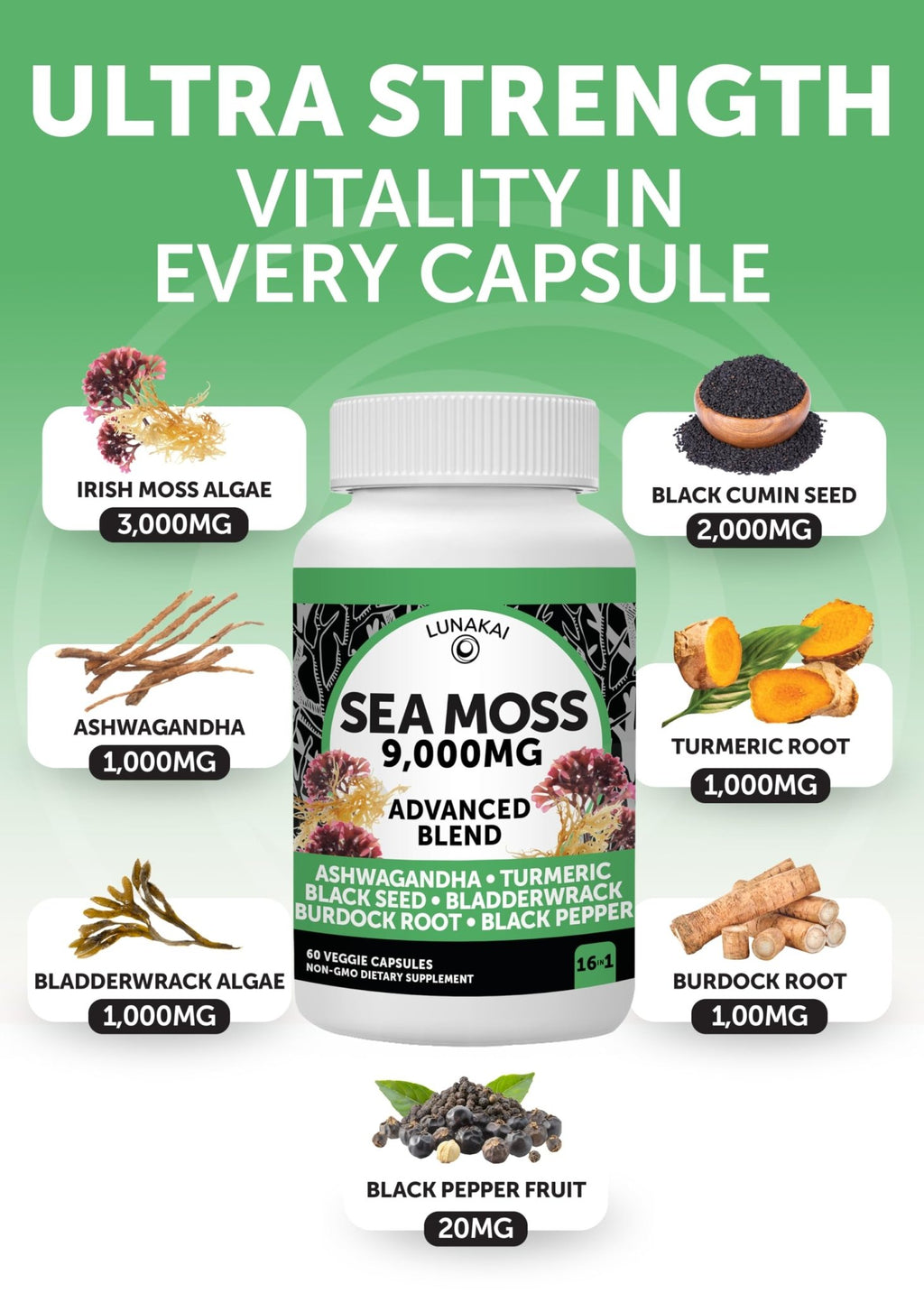 Lunakai USA Made Moringa & Sea Moss Capsules Bundle – 6-in-1 & 16-in-1 Advanced Blends – 60 Non-GMO Veggie Capsules Each - TrustMedUSA
