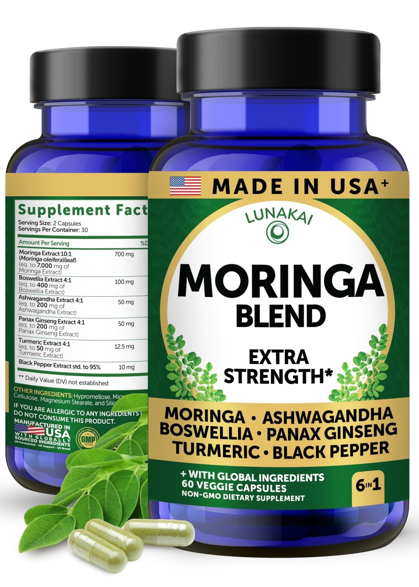 Lunakai USA Made Pure Moringa Capsules – Advanced Moringa Leaf Extract Supplement with Ashwagandha, Boswellia - TrustMedUSA