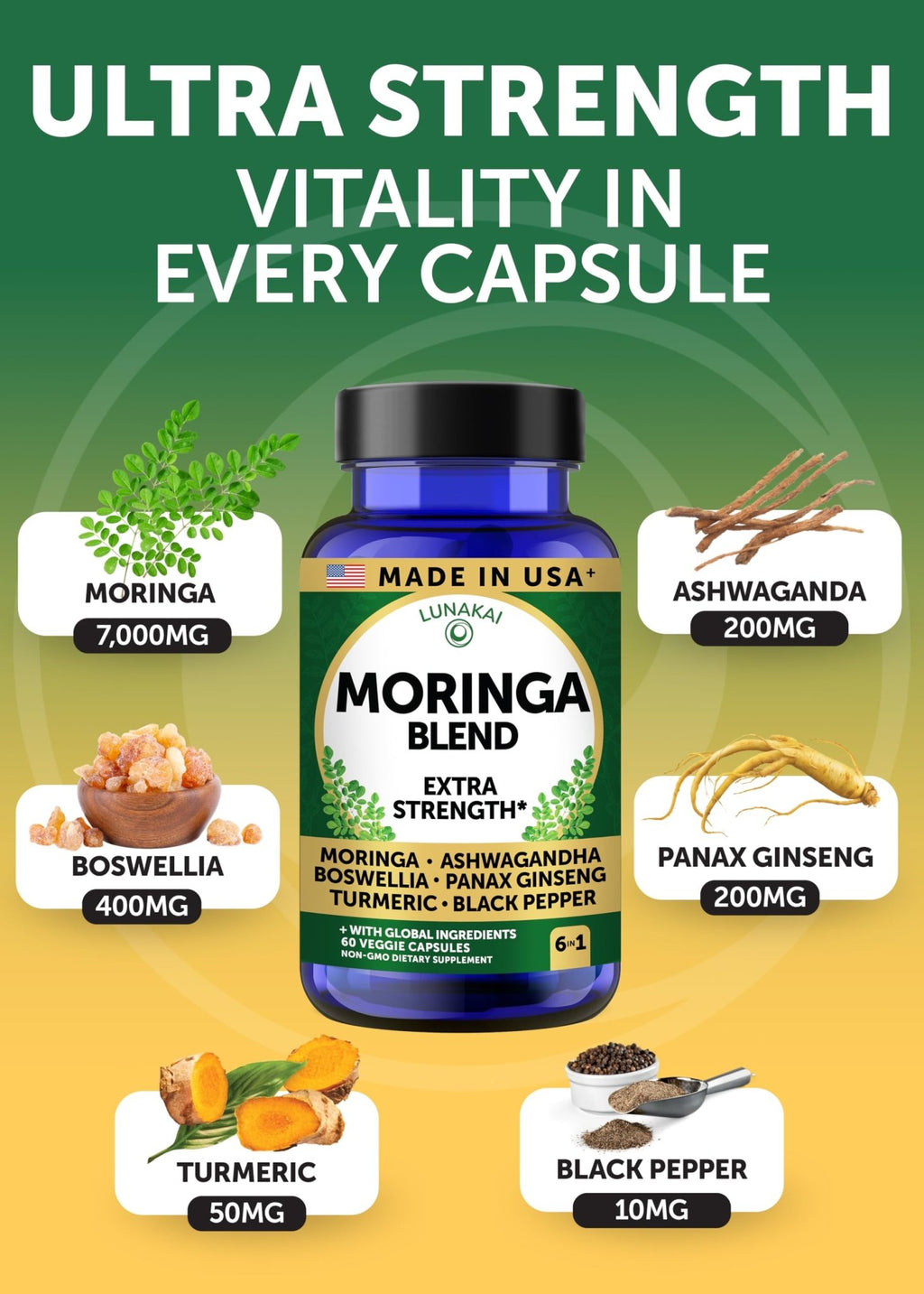 Lunakai USA Made Pure Moringa Capsules – Advanced Moringa Leaf Extract Supplement with Ashwagandha, Boswellia - TrustMedUSA