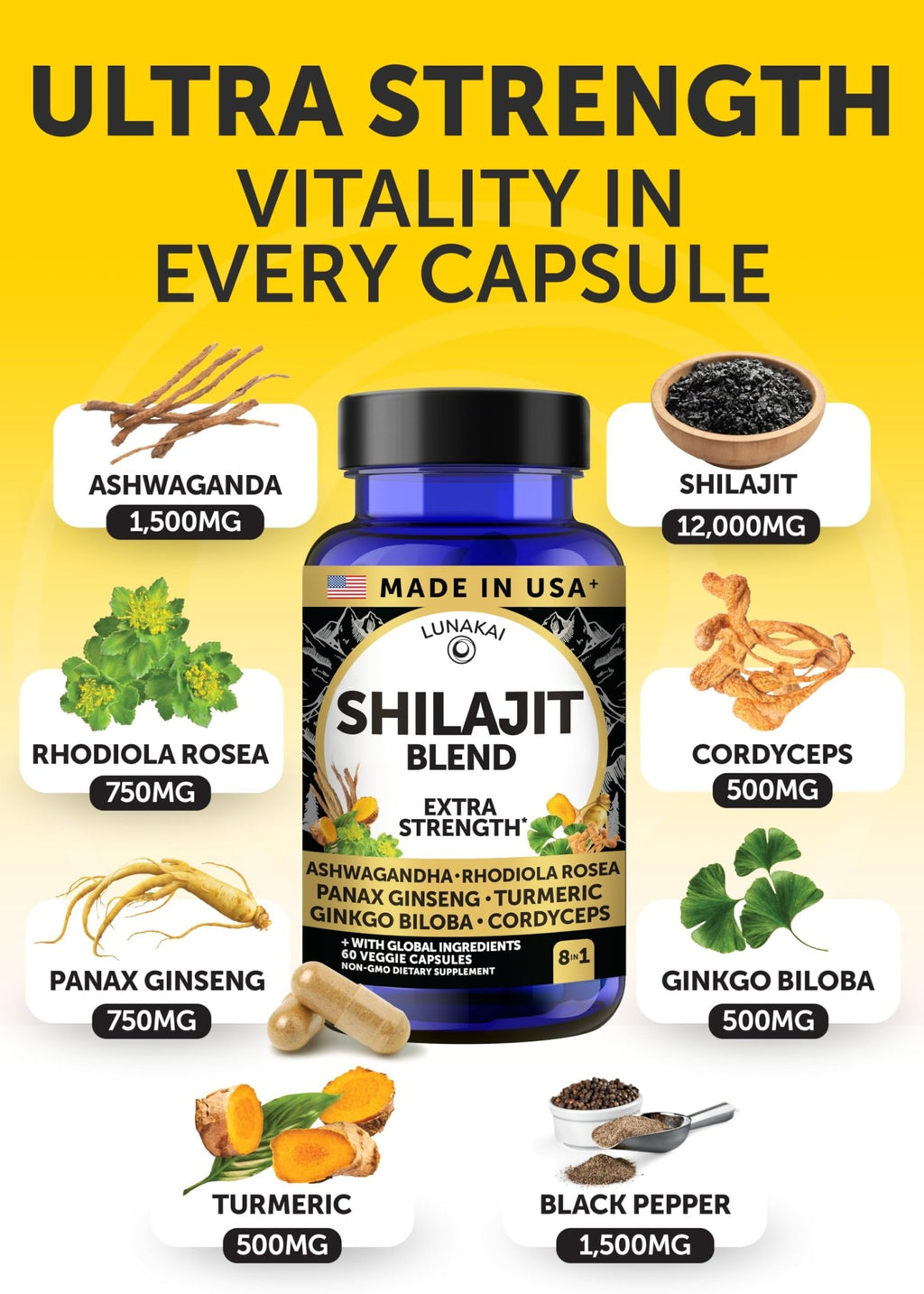 Lunakai USA Made Pure Shilajit Capsules with Ashwagandha, Rhodiola & Cordyceps - Extra Strength Shilajit Extract for Men & Women, 60ct - TrustMedUSA