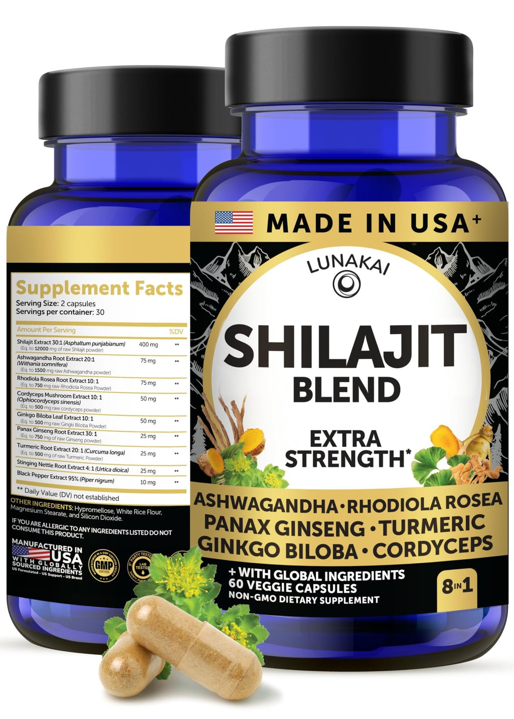 Lunakai USA Made Pure Shilajit Capsules with Ashwagandha, Rhodiola & Cordyceps - Extra Strength Shilajit Extract for Men & Women, 60ct - TrustMedUSA