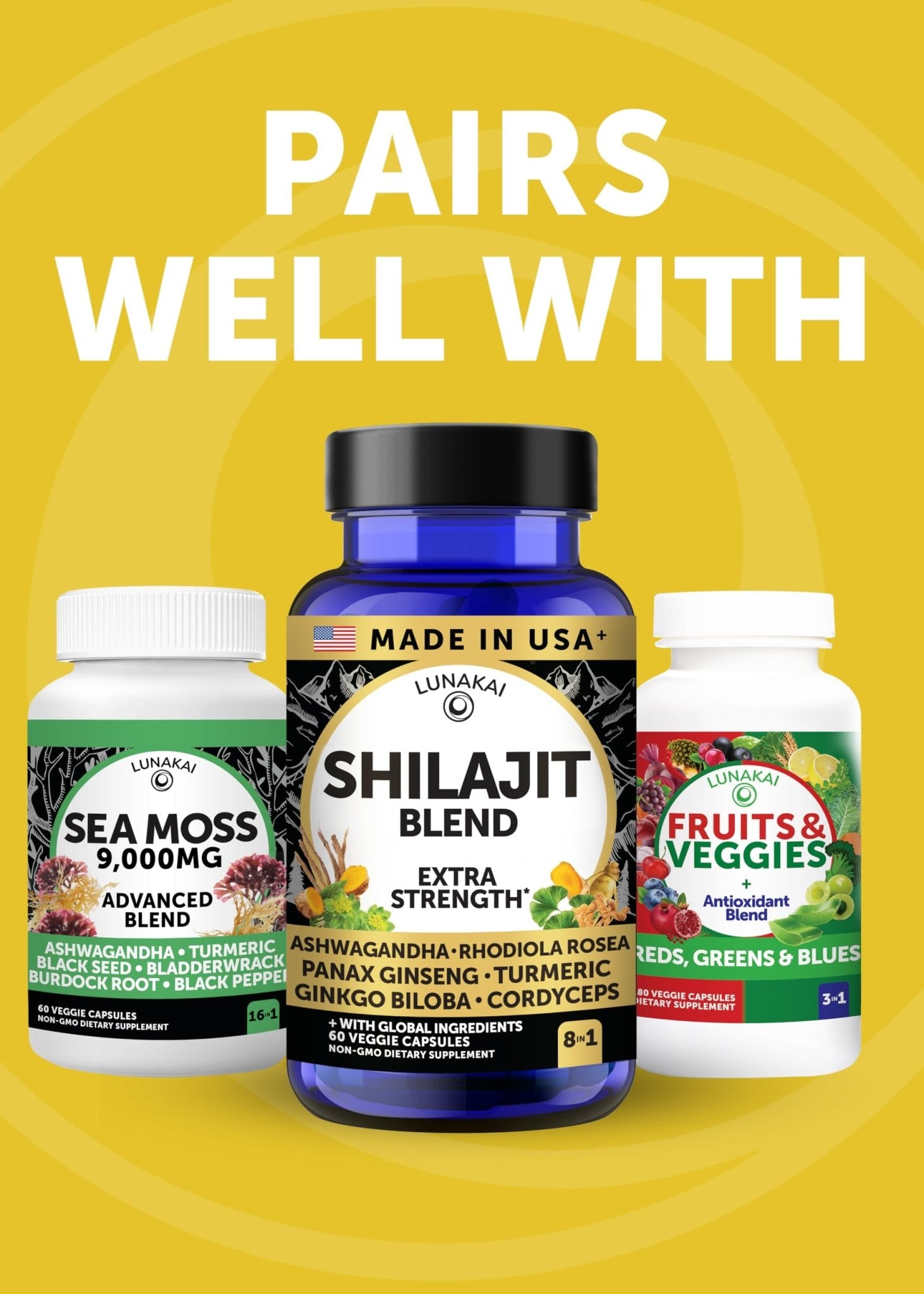 Lunakai USA Made Pure Shilajit Capsules with Ashwagandha, Rhodiola & Cordyceps - Extra Strength Shilajit Extract for Men & Women, 60ct - TrustMedUSA