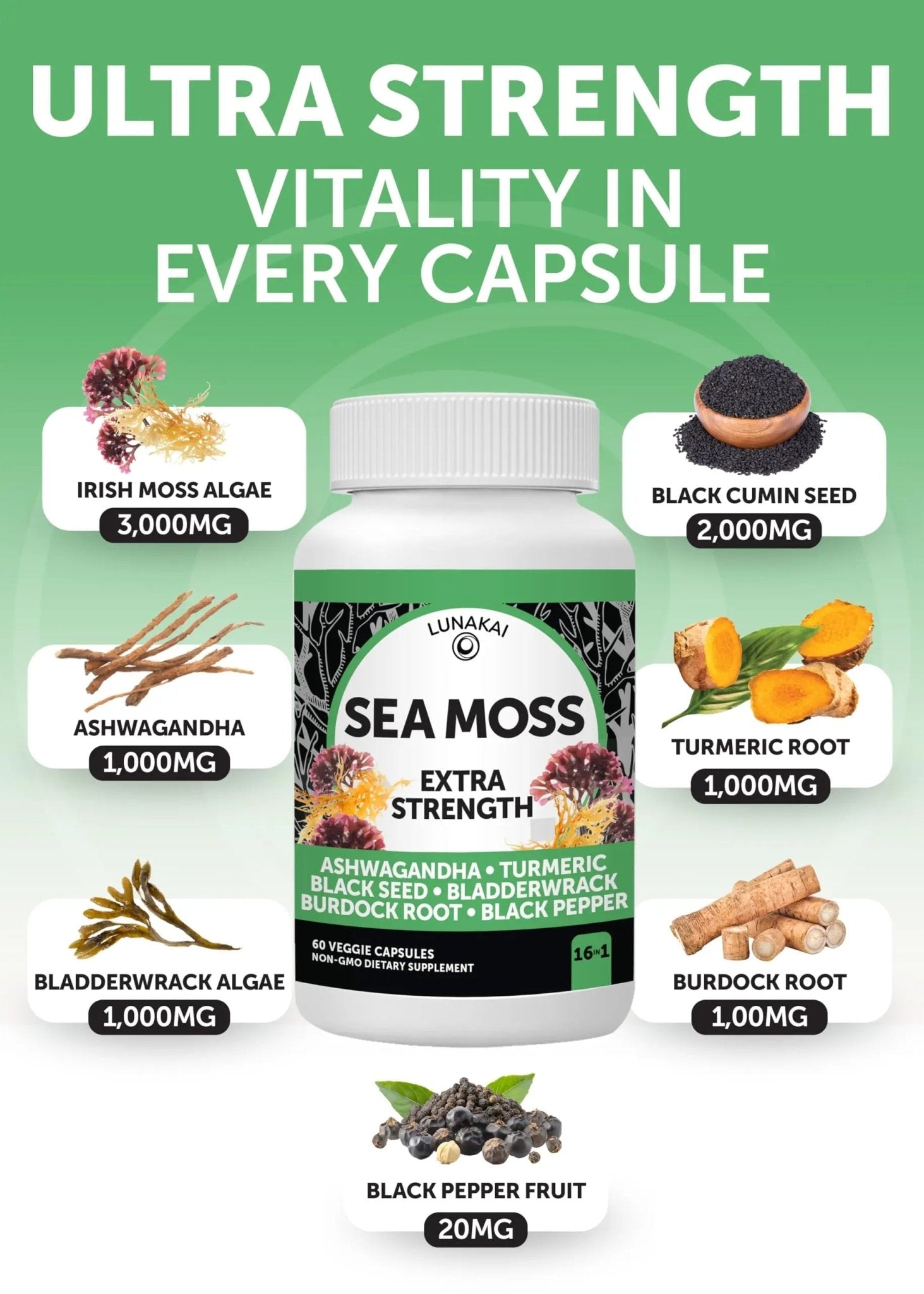 Lunakai USA Made Superfood Fruits & Veggies Supplement & Irish Sea Moss Bundle with 4 Blends, Black Seed Oil & Ashwagandha for Immune & Wellness Support - TrustMedUSA