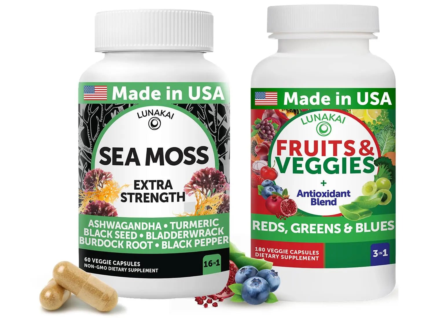 Lunakai USA Made Superfood Fruits & Veggies Supplement & Irish Sea Moss Bundle with 4 Blends, Black Seed Oil & Ashwagandha for Immune & Wellness Support - TrustMedUSA