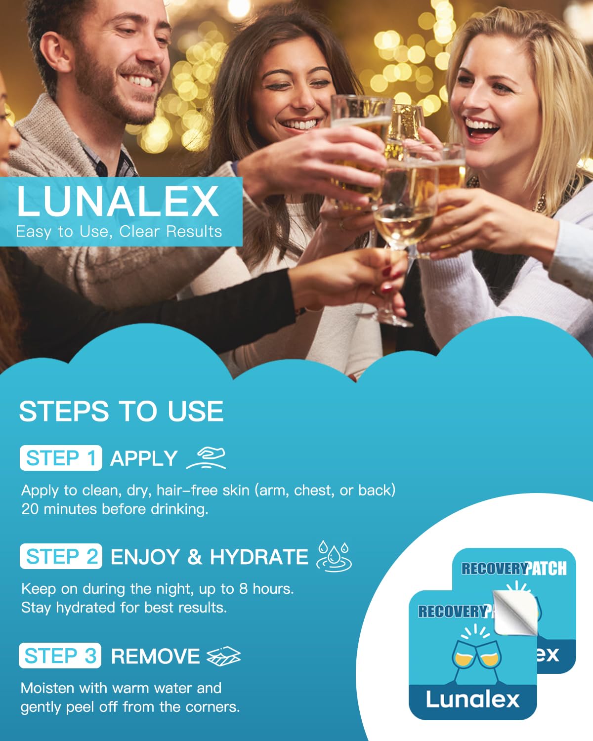 Lunalex Recovery Patch 48 Pack - Wake Up Refreshed & Balanced After Celebration - Plant-Based Formula for Morning Wellness - Bachelorette & Wedding Party Favors - 2 Patches per Sachet, Waterproof - TrustMedUSA