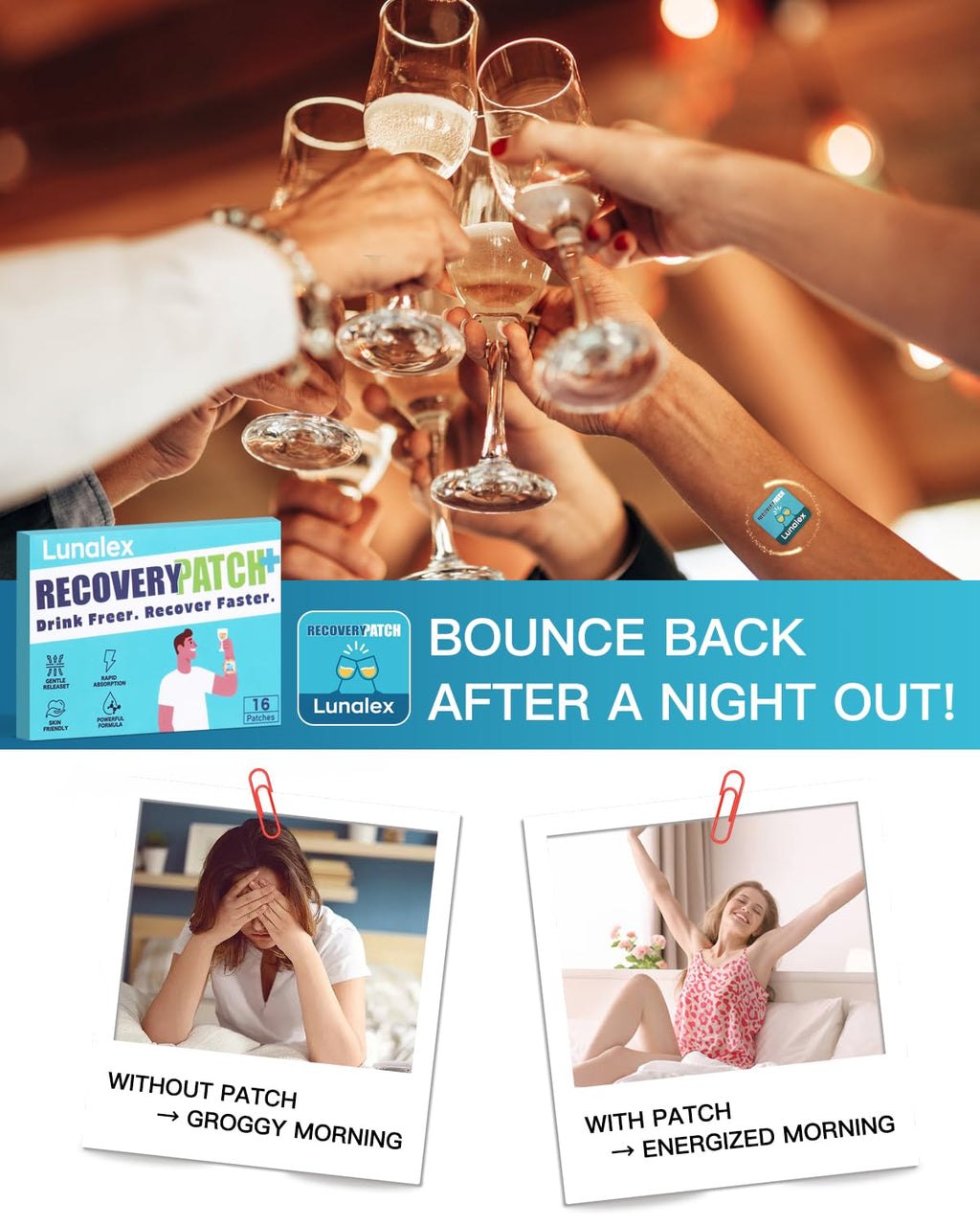 Lunalex Recovery Patch 48 Pack - Wake Up Refreshed & Balanced After Celebration - Plant-Based Formula for Morning Wellness - Bachelorette & Wedding Party Favors - 2 Patches per Sachet, Waterproof - TrustMedUSA