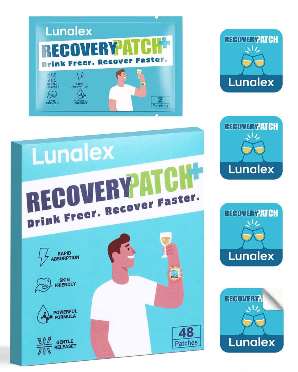 Lunalex Recovery Patch 48 Pack - Wake Up Refreshed & Balanced After Celebration - Plant-Based Formula for Morning Wellness - Bachelorette & Wedding Party Favors - 2 Patches per Sachet, Waterproof - TrustMedUSA