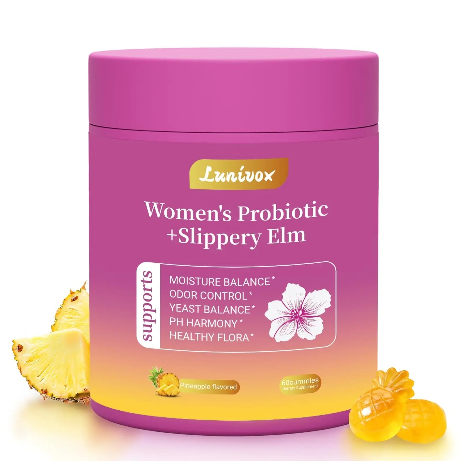 Lunivox Her Juicy Feminine Probiotics Gummies for Women, with Prebiotics & Slippery Elm - Promotes pH Balance, Gut Health & Immune Support - Pineapple Flavor, 60 Count - TrustMedUSA