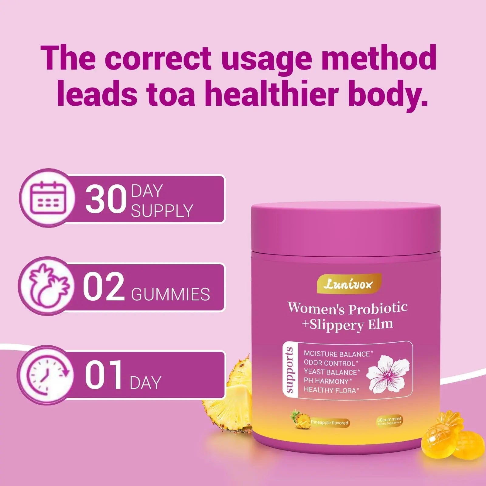 Lunivox Her Juicy Feminine Probiotics Gummies for Women, with Prebiotics & Slippery Elm - Promotes pH Balance, Gut Health & Immune Support - Pineapple Flavor, 60 Count - TrustMedUSA