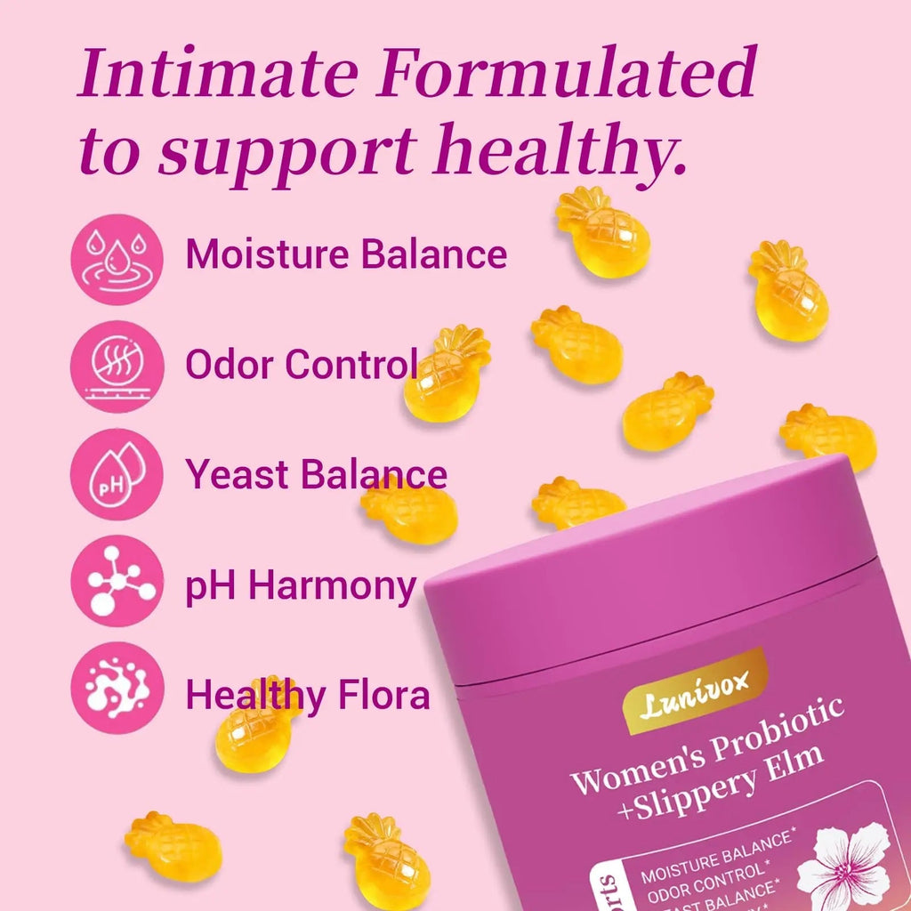 Lunivox Her Juicy Feminine Probiotics Gummies for Women, with Prebiotics & Slippery Elm - Promotes pH Balance, Gut Health & Immune Support - Pineapple Flavor, 60 Count - TrustMedUSA