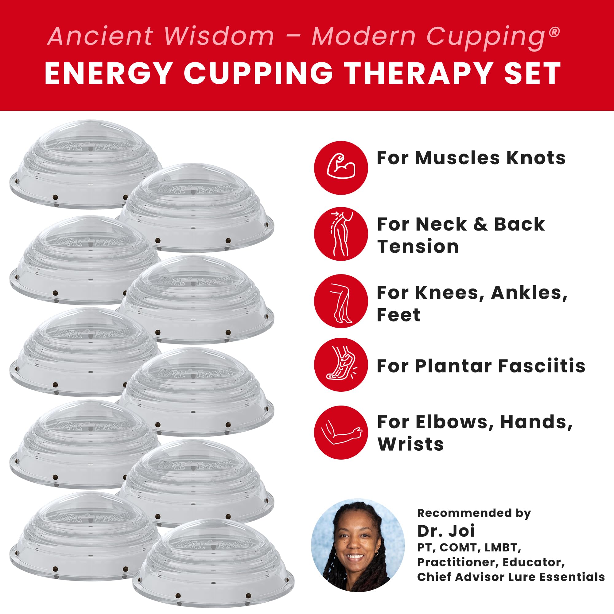 Lure Essentials Cupping Therapy Set 10 Professional Silicone Cupping Cups for Muscle Knots, Joints, Muscles, Arms and Feet - TrustMedUSA