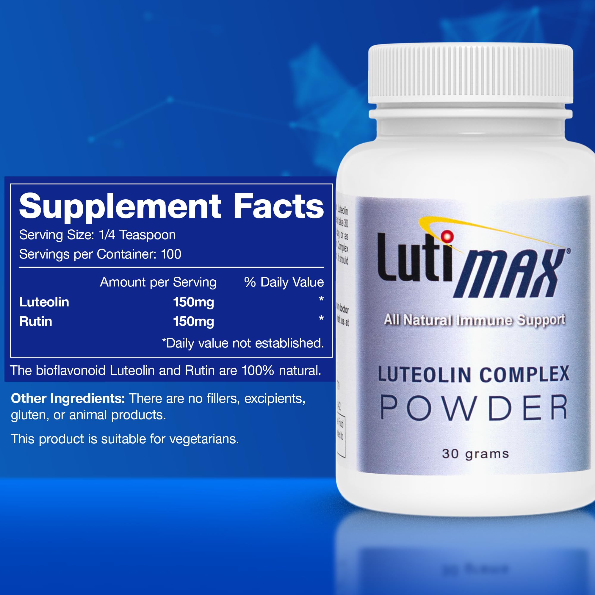 Lutimax Luteolin Complex Powder Brain Supplement with Rutin - Nootropic Brain Supplements for Memory and Focus to Improve Brain Health - Antioxidant Supplement for Immune Support - 100 Servings Solo - TrustMedUSA