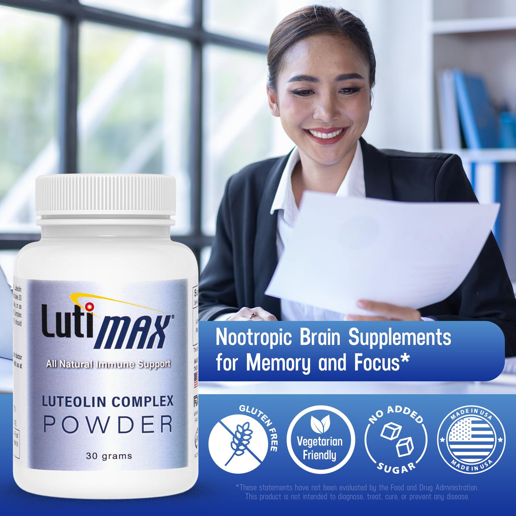 Lutimax Luteolin Complex Powder Brain Supplement with Rutin - Nootropic Brain Supplements for Memory and Focus to Improve Brain Health - Antioxidant Supplement for Immune Support - 100 Servings Solo - TrustMedUSA