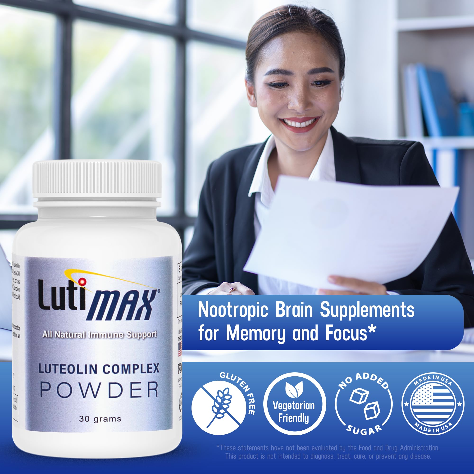 Lutimax Luteolin Complex Powder Brain Supplement with Rutin - Nootropic Brain Supplements for Memory and Focus to Improve Brain Health - Antioxidant Supplement for Immune Support - 100 Servings Solo - TrustMedUSA