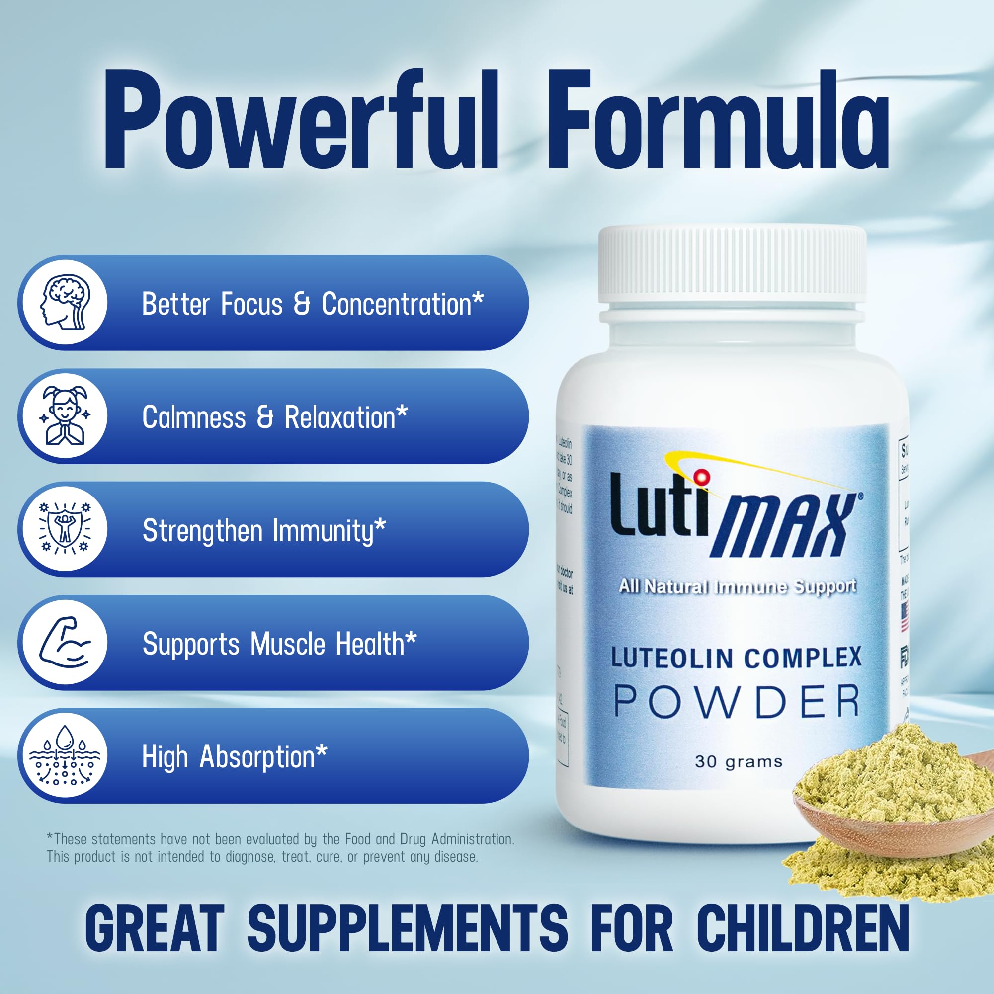 Lutimax Luteolin Complex Powder Brain Supplement with Rutin - Nootropic Brain Supplements for Memory and Focus to Improve Brain Health - Antioxidant Supplement for Immune Support - 100 Servings Solo - TrustMedUSA