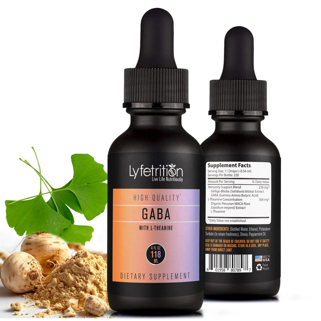 Lyfetrition GABA with L-Theanine, Ginkgo Biloba (Salisburia biloba) Extract, Organic Peruvian MACA Root (Lepidium meyenii) Extract, 118 ml, 4 FL Oz Liquid, 220 Servings, Made in USA, Quick Absorption - TrustMedUSA