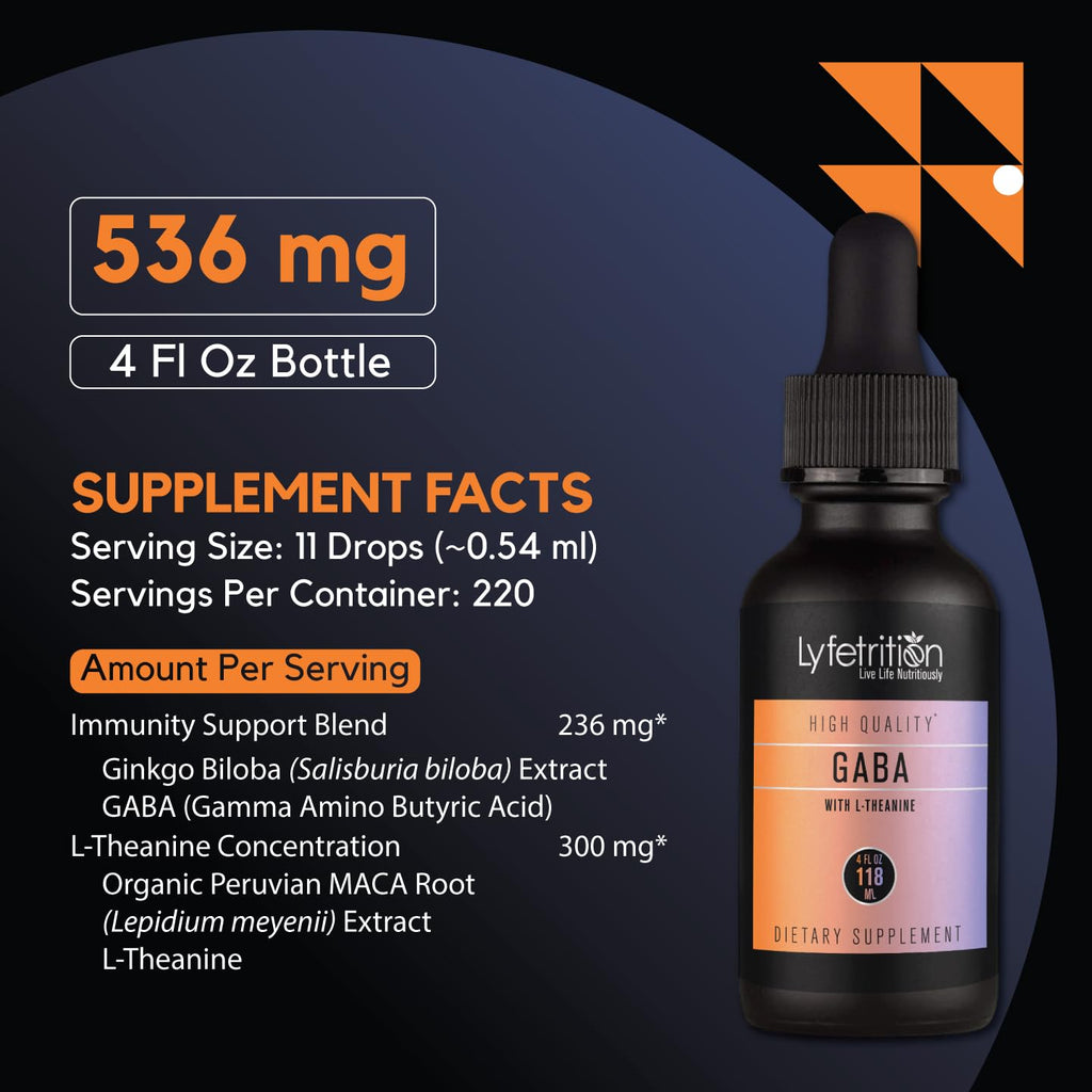 Lyfetrition GABA with L-Theanine, Ginkgo Biloba (Salisburia biloba) Extract, Organic Peruvian MACA Root (Lepidium meyenii) Extract, 118 ml, 4 FL Oz Liquid, 220 Servings, Made in USA, Quick Absorption - TrustMedUSA