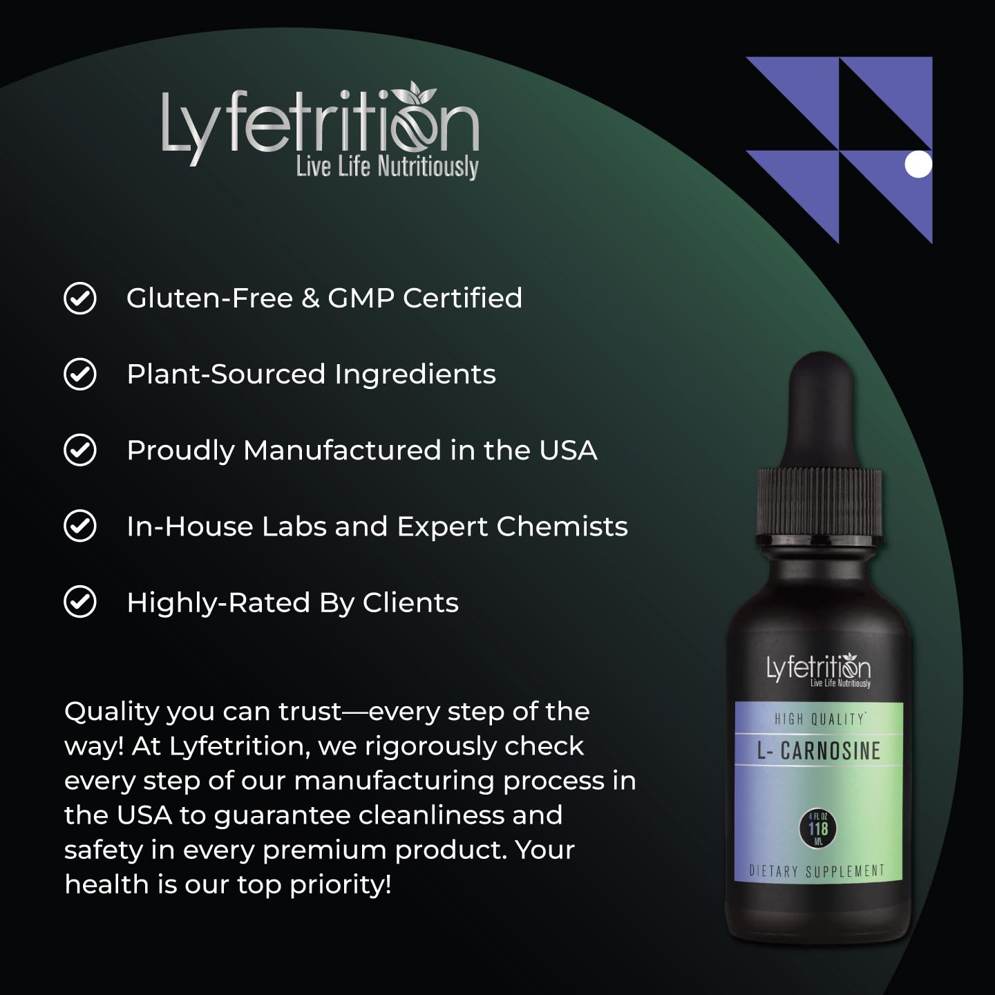 Lyfetrition L-Carnosine Liquid Supplement 118 ml, 4 FL Oz Liquid, 220 Servings, Made in USA, Quick Absorption, Potent Ingredients, Non-GMO - TrustMedUSA