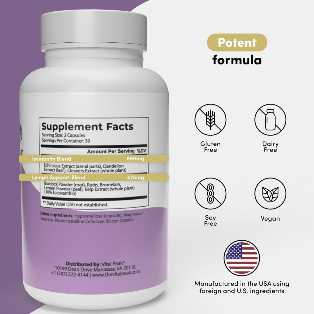 Lymph Peak - Lymphatic Drainage Supplements - Lymph System Support - with Burdock Root, Echinacea Extract, Bromelain, Dandelion Extract & More - Vegan, Non GMO, Gluten Free - 60 Capsules - Maple Wellness Supplements
