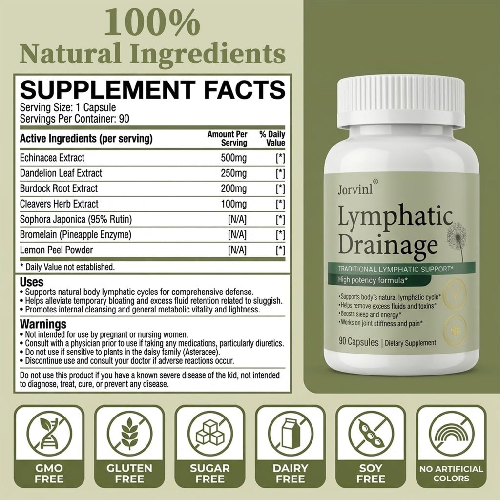 Lymphatic Drainage Capsules - Ease Body Heaviness & Facial Puffiness - Supports Natural Fluid Balance & Metabolism、Joint Discomfort - with Echinacea & Dandelion - 90 Vegan Capsules & Non-GMO - Maple Wellness Supplements