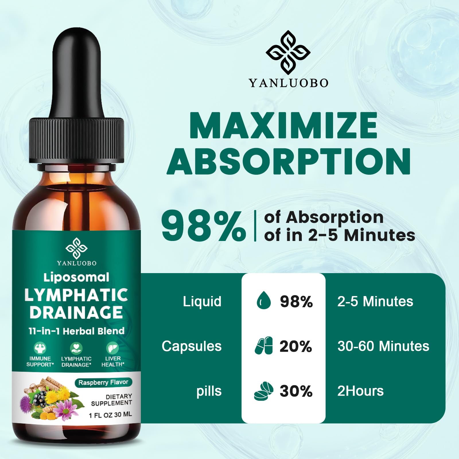 Lymphatic Drainage Drops - 11 in 1 Lymphatic Supplement for Immune, Lymph System & Liver Detox - with Echinacea, Horse Chestnut, Dandelion, Elderberry & Burdock - Raspberry Flavor, Vegan, 2 Fl Oz - Maple Wellness Supplements