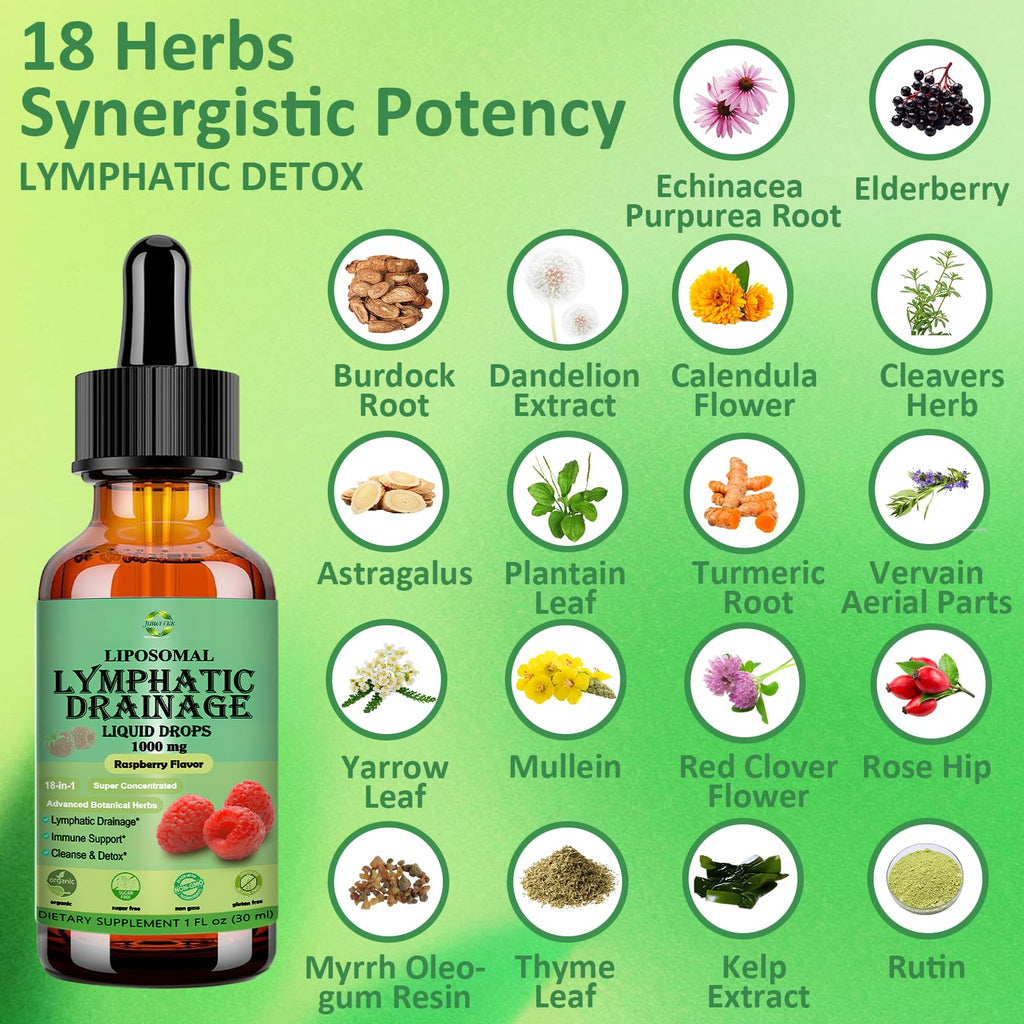 Lymphatic Drainage Drops, 18-in-1 Herbal Lymph System Support w. Echinacea Elderberry Dandelion Burdock Root Cleavers for Lymphatic Cleanse Detox Immune Support, Liposoaml for Max Absorption - Maple Wellness Supplements
