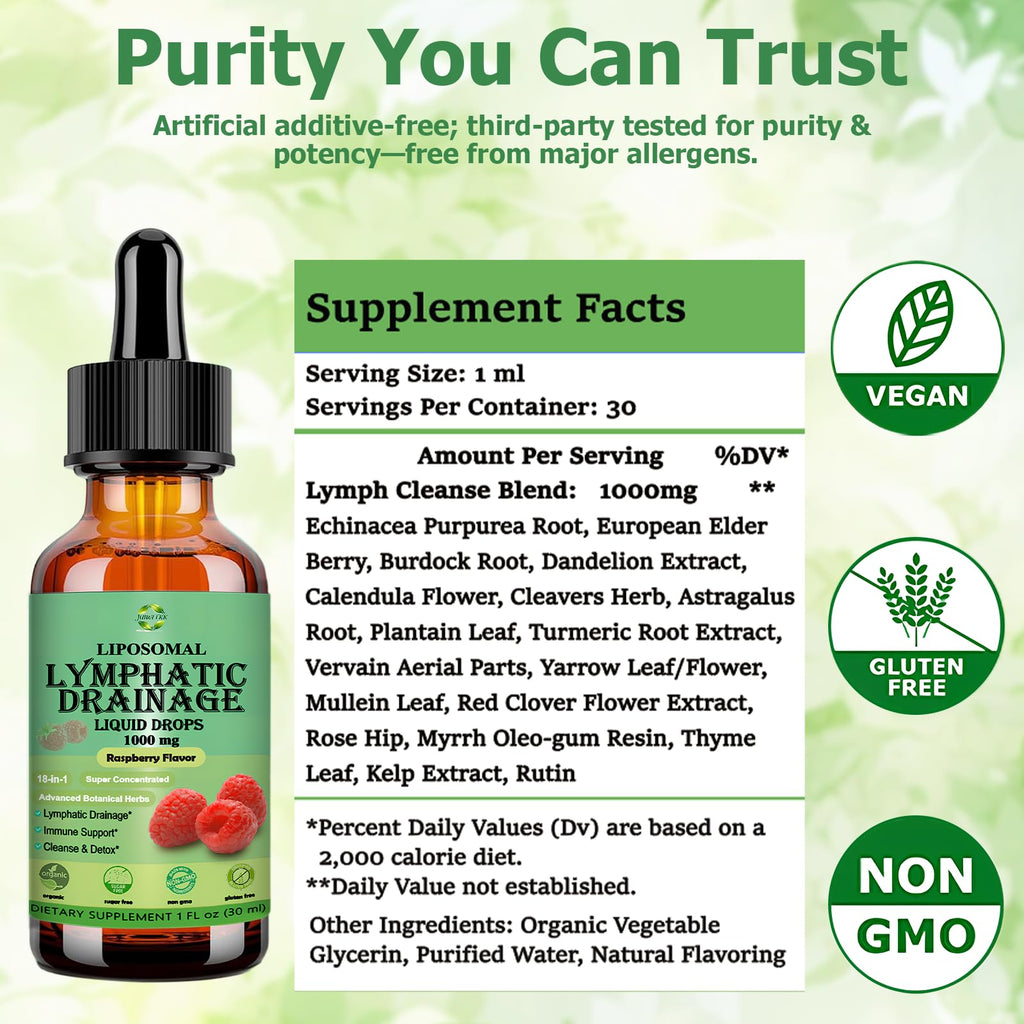 Lymphatic Drainage Drops, 18-in-1 Herbal Lymph System Support w. Echinacea Elderberry Dandelion Burdock Root Cleavers for Lymphatic Cleanse Detox Immune Support, Liposoaml for Max Absorption - Maple Wellness Supplements