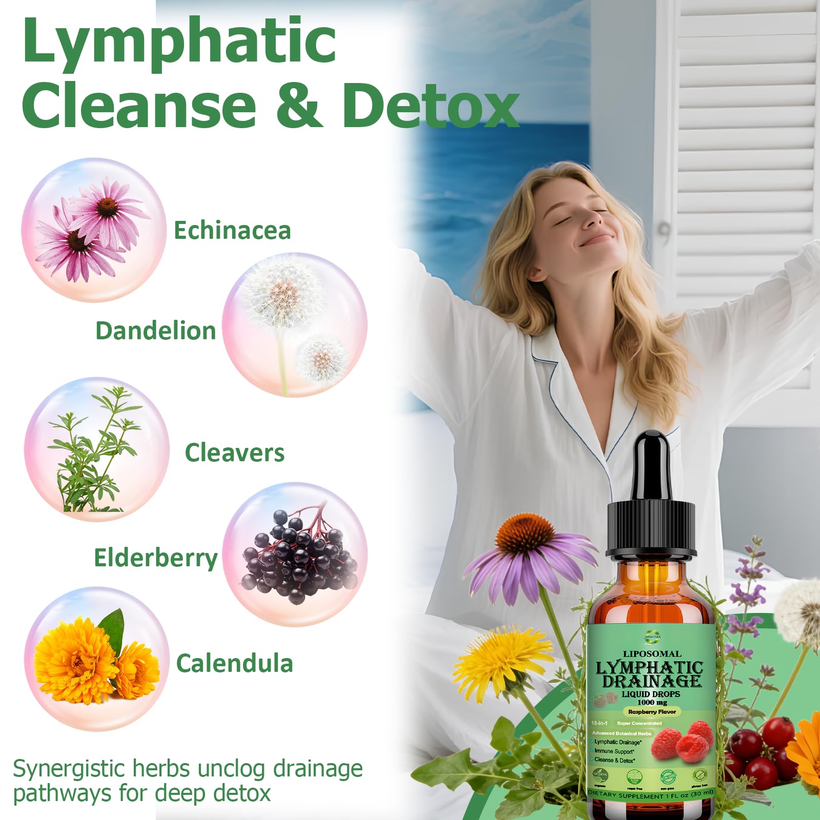 Lymphatic Drainage Drops, 18-in-1 Herbal Lymph System Support w. Echinacea Elderberry Dandelion Burdock Root Cleavers for Lymphatic Cleanse Detox Immune Support, Liposoaml for Max Absorption - Maple Wellness Supplements