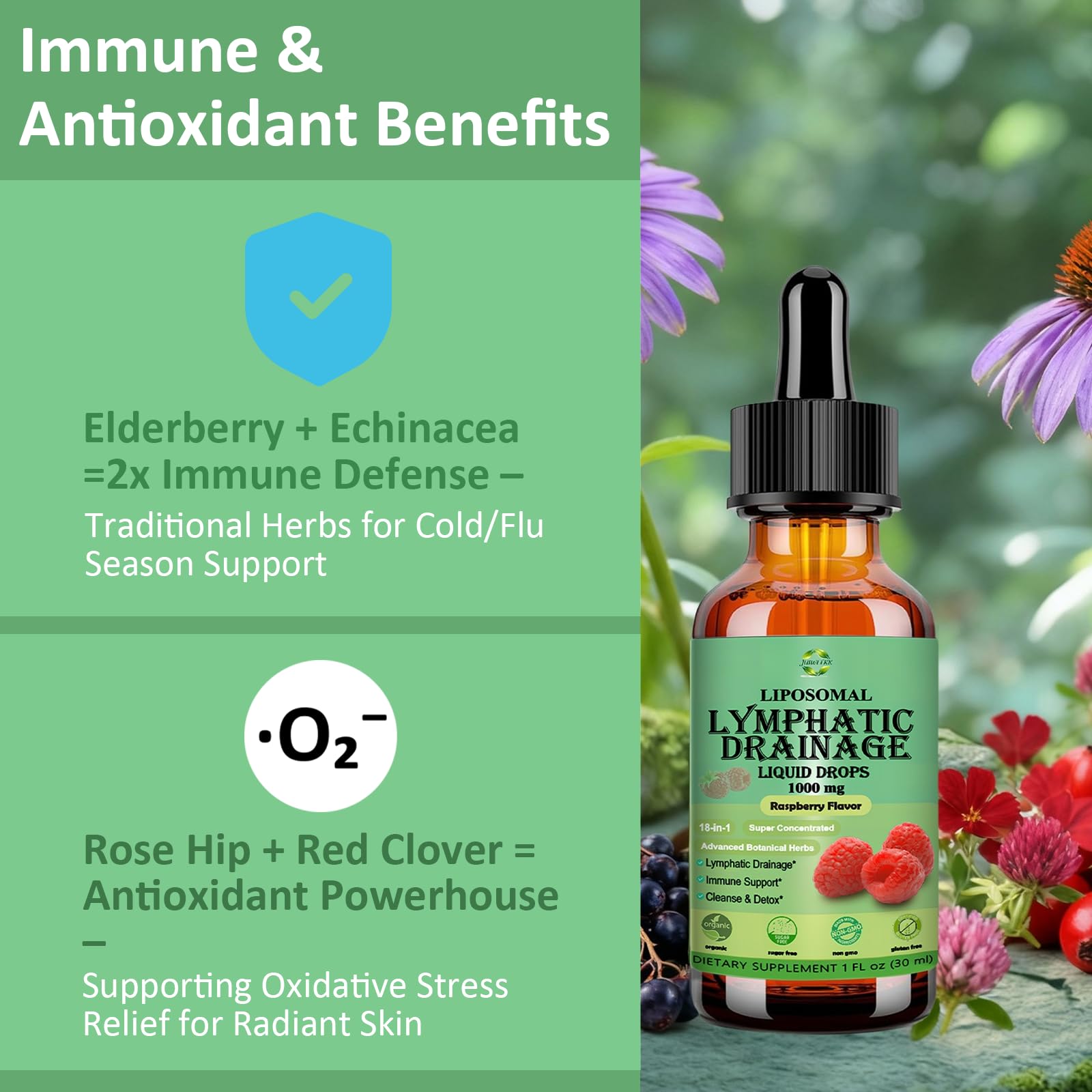 Lymphatic Drainage Drops, 18-in-1 Herbal Lymph System Support w. Echinacea Elderberry Dandelion Burdock Root Cleavers for Lymphatic Cleanse Detox Immune Support, Liposoaml for Max Absorption - Maple Wellness Supplements
