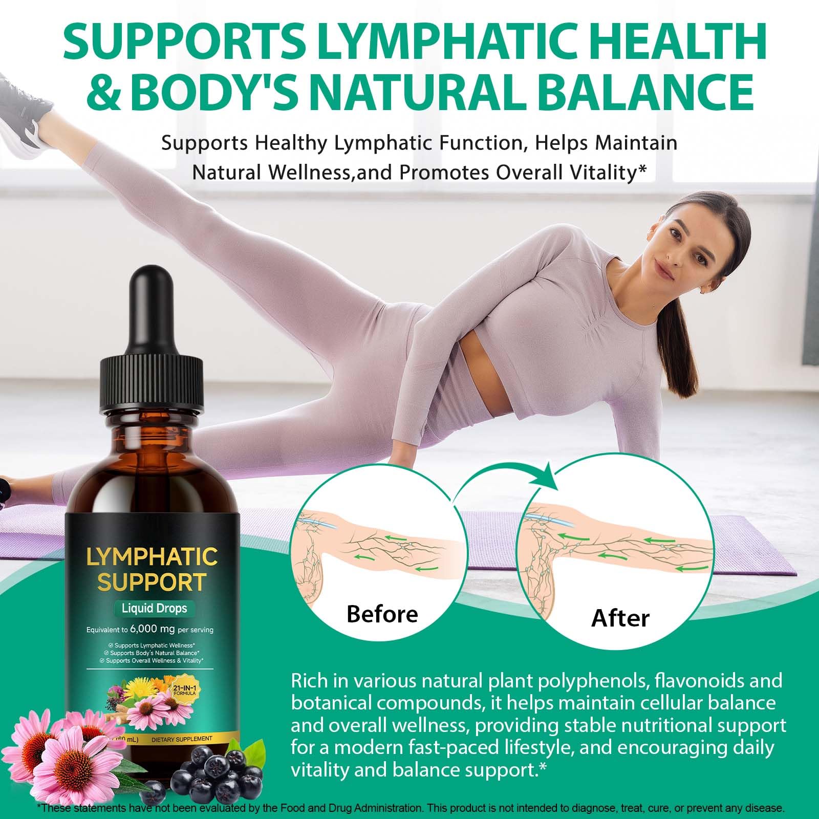 Lymphatic Drainage Drops 21-in-1 | 6000mg Herbal Blend | Lymph System Support Supplement | with Echinacea, Dandelion, Burdock, Calendula, Turmeric & More | for Women & Men | 60ml - Maple Wellness Supplements
