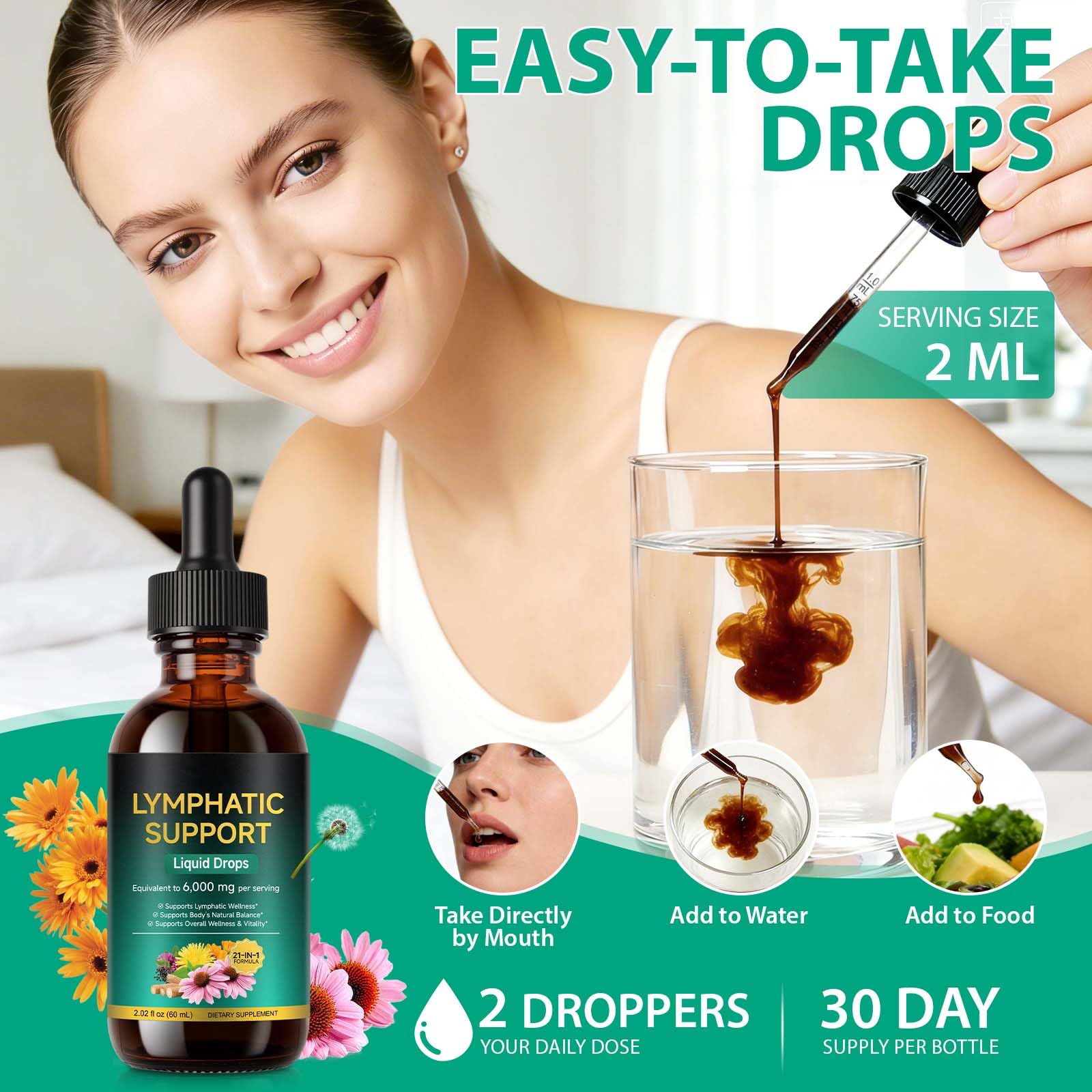 Lymphatic Drainage Drops 21-in-1 | 6000mg Herbal Blend | Lymph System Support Supplement | with Echinacea, Dandelion, Burdock, Calendula, Turmeric & More | for Women & Men | 60ml - Maple Wellness Supplements