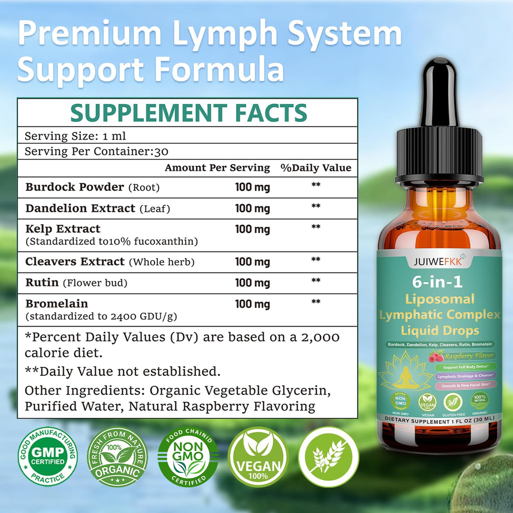 Lymphatic Drainage Drops, 6-IN-1 Lymphatic Complex w. Burdock Dandelion Kelp Cleavers, New Maximum Potency Lymph System Support for Bloat Balance Cortisol Immune Full Body Detox & Skin Vitality - TrustMedUSA