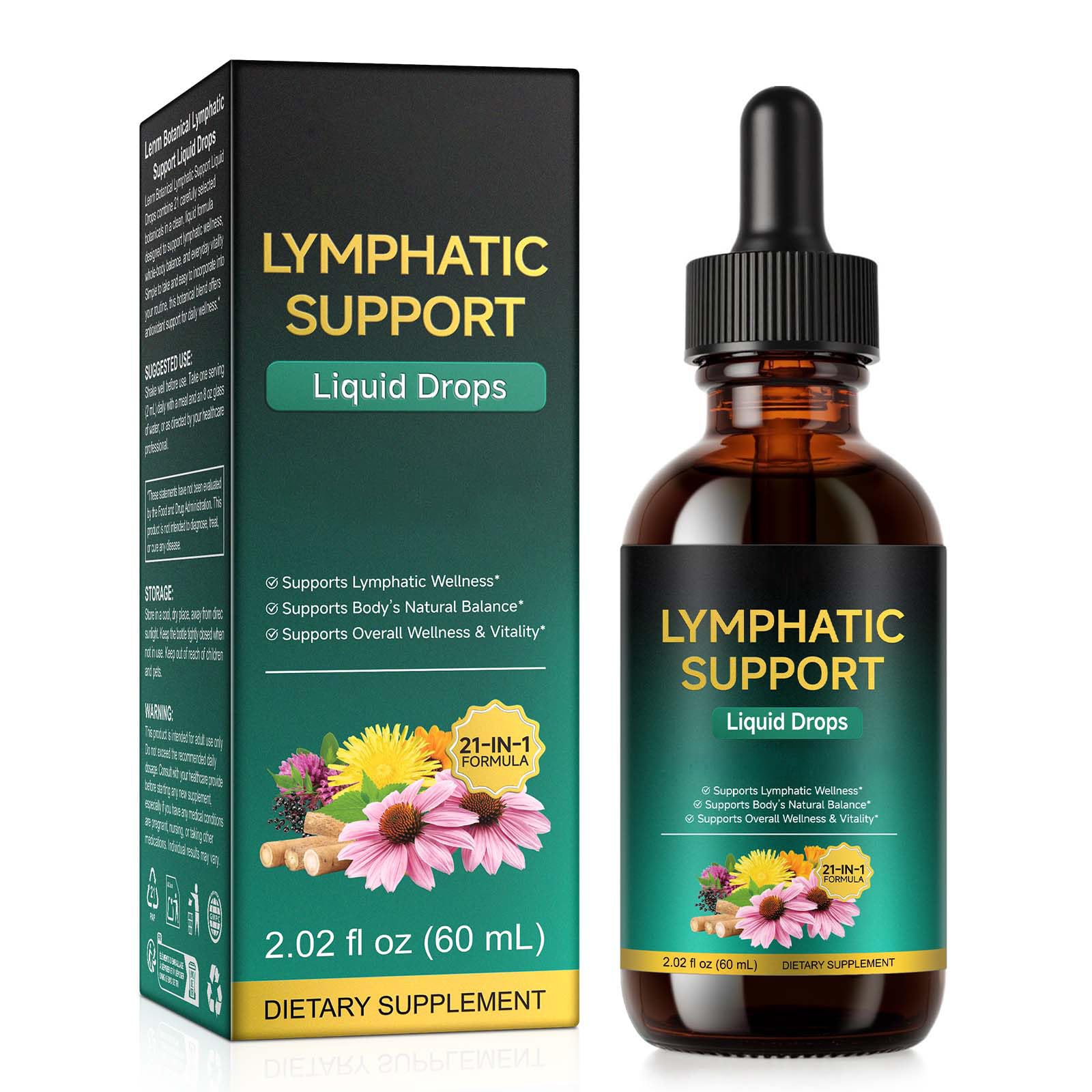 Lymphatic Drainage Drops, Support Supplement with Echinacea, Dandelion, Elderberry, Cleavers, Astragalus, Burdock & More, 2 FL OZ - Natural Lymphatic Cleanse & Immune Support - Maple Wellness Supplements