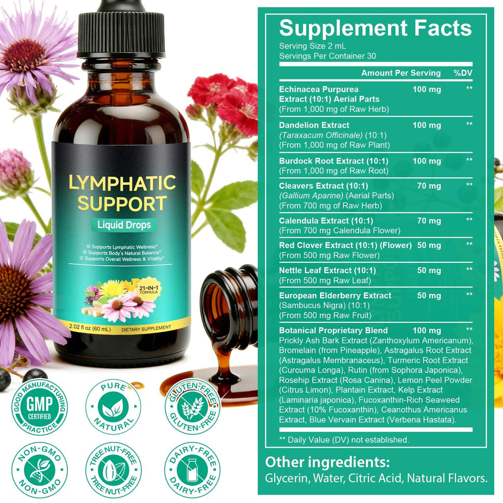 Lymphatic Drainage Drops, Support Supplement with Echinacea, Dandelion, Elderberry, Cleavers, Astragalus, Burdock & More, 2 FL OZ - Natural Lymphatic Cleanse & Immune Support - Maple Wellness Supplements